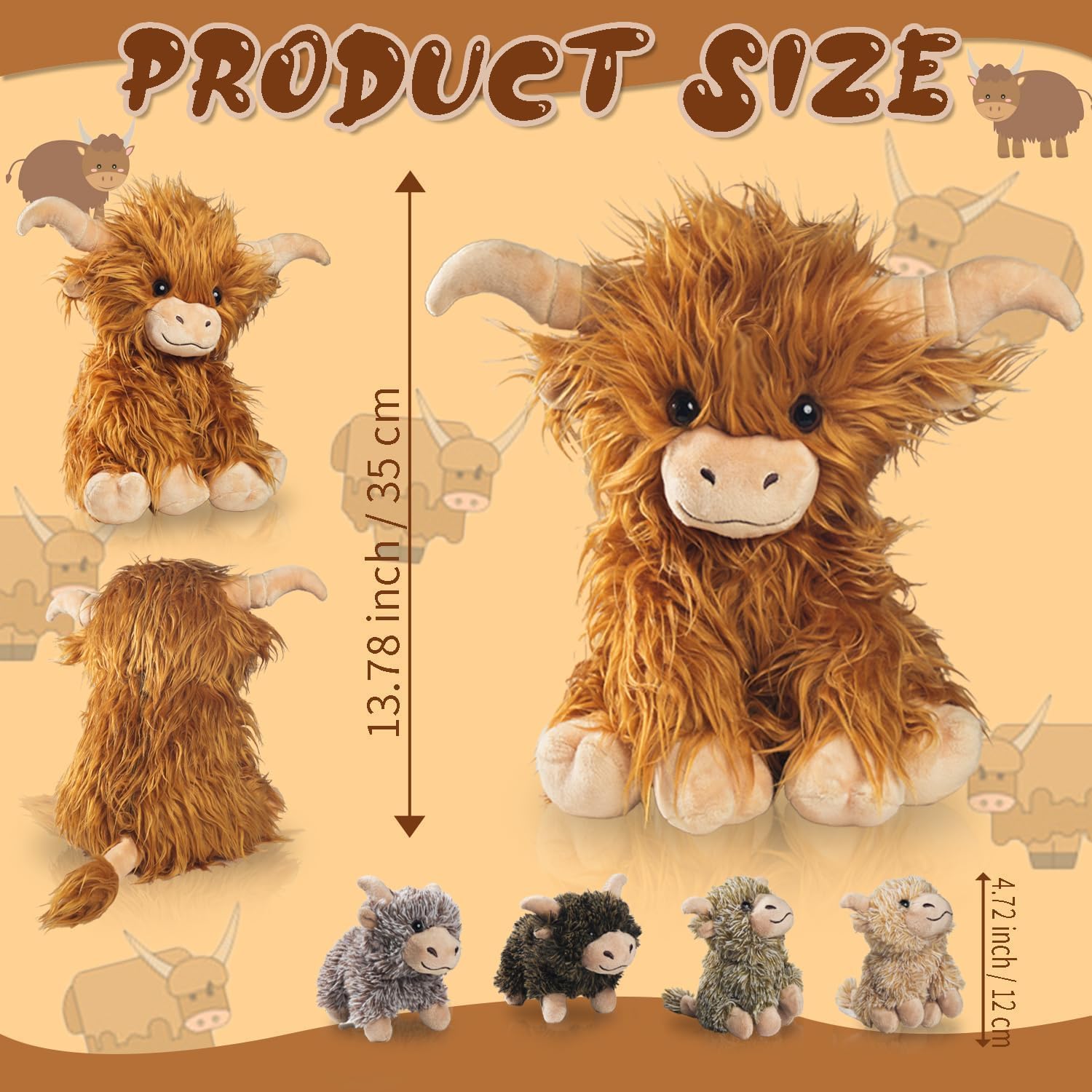 5 Pcs Highland Cow Stuffed Animal 14" Large Realistic Fluffy Stuffed Highland Cow Plush Toy with 4 Babies Baby Calves, Scottish Highland Cows Decor Gifts for Kids Girls Boys Birthday - Image 3