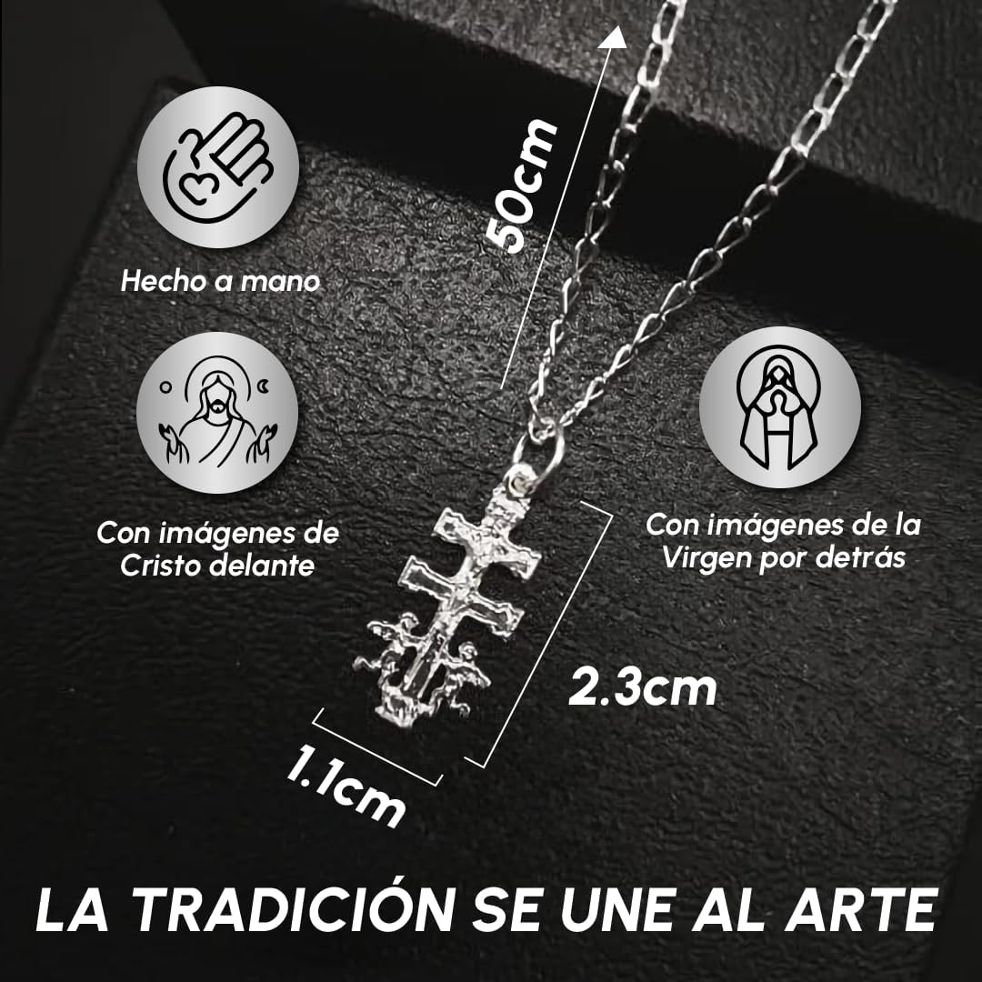 Croce di Caravaca Benedetta | Argento Sterling 925 | Catena da 50 cm | Con Cristo Davanti E La Vergine Dietro | Benedetta Catena D'Argento | Con Angeli Di Protezione | Unisex