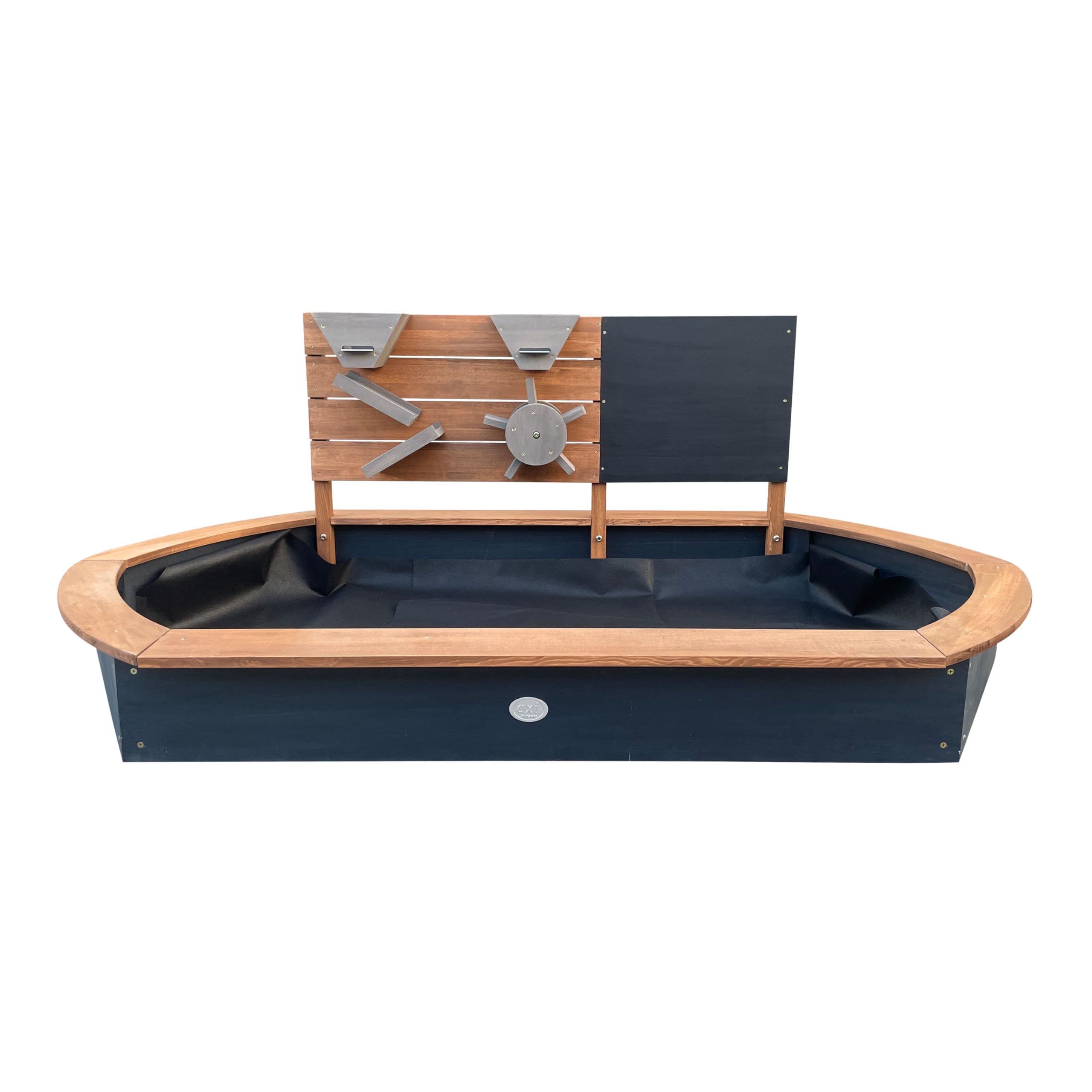 AXI Joey Sabbiera ovale in legno - Marrone/Antracite | Sabbiera con parete giochi e lavagna | Con telo di fondo e copertura protettiva | 158 x 91 x 57 cm