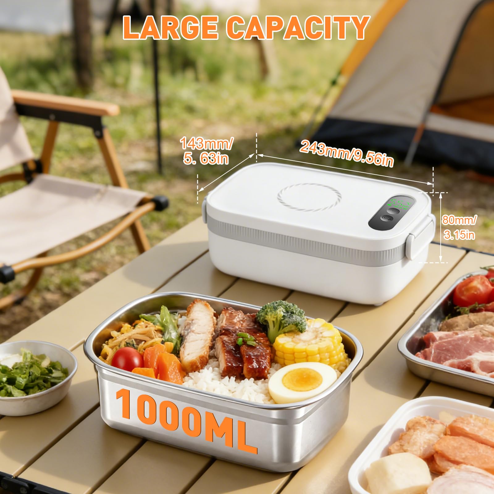 LIROPAU Contenitore per il pranzo elettrico, portatile, 1 l, con timer e funzione di riscaldamento regolabile, per lavoro, famiglia, campeggio, ufficio, auto, viaggi, cantieri