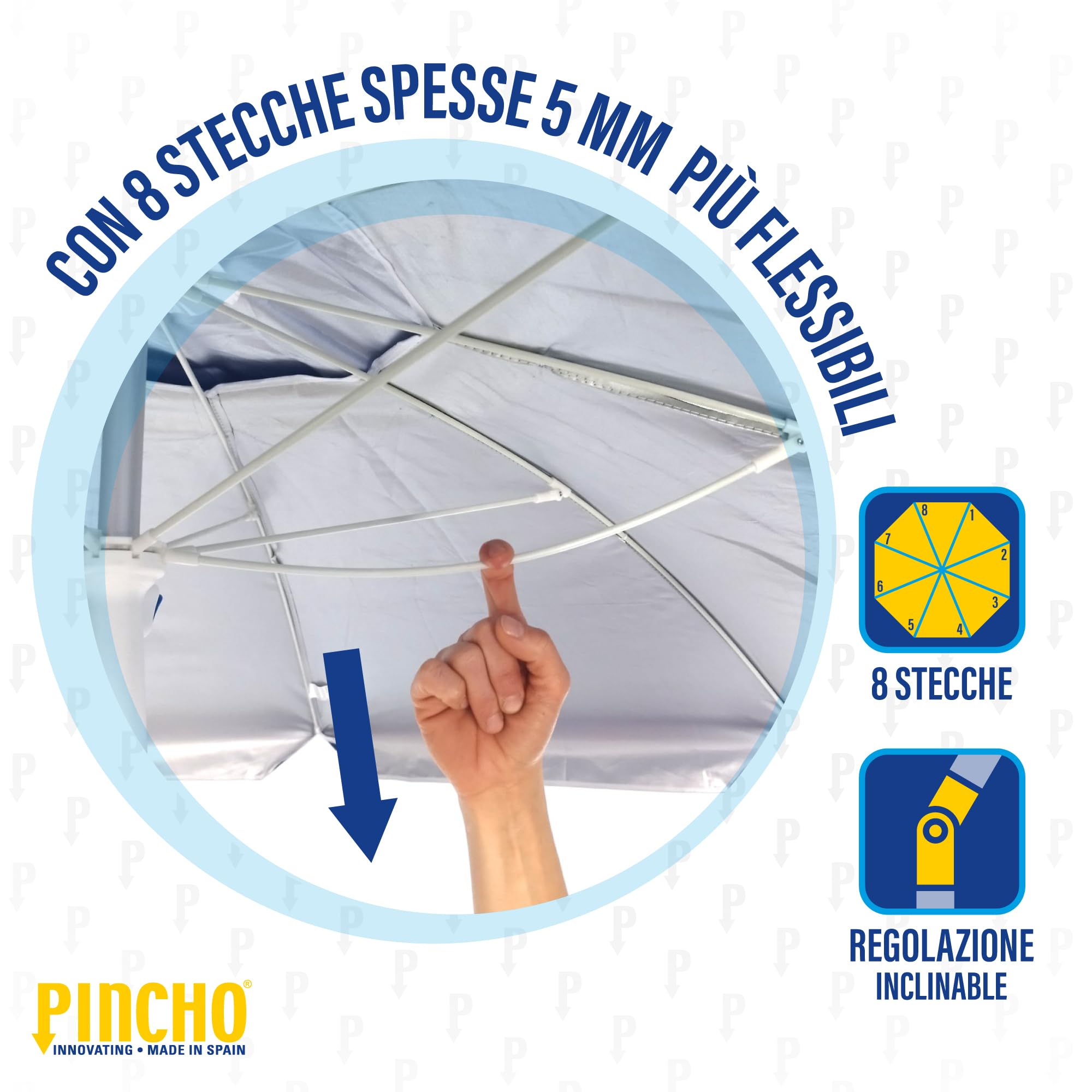 Pincho Ombrellone da spiaggia grande Ø220 cm, antivento fino a 35 km/h, protezione UV 50, materiali di qualità, tubo in alluminio, 8 aste in fibra, bastone reclinabile, con borsa per il trasporto
