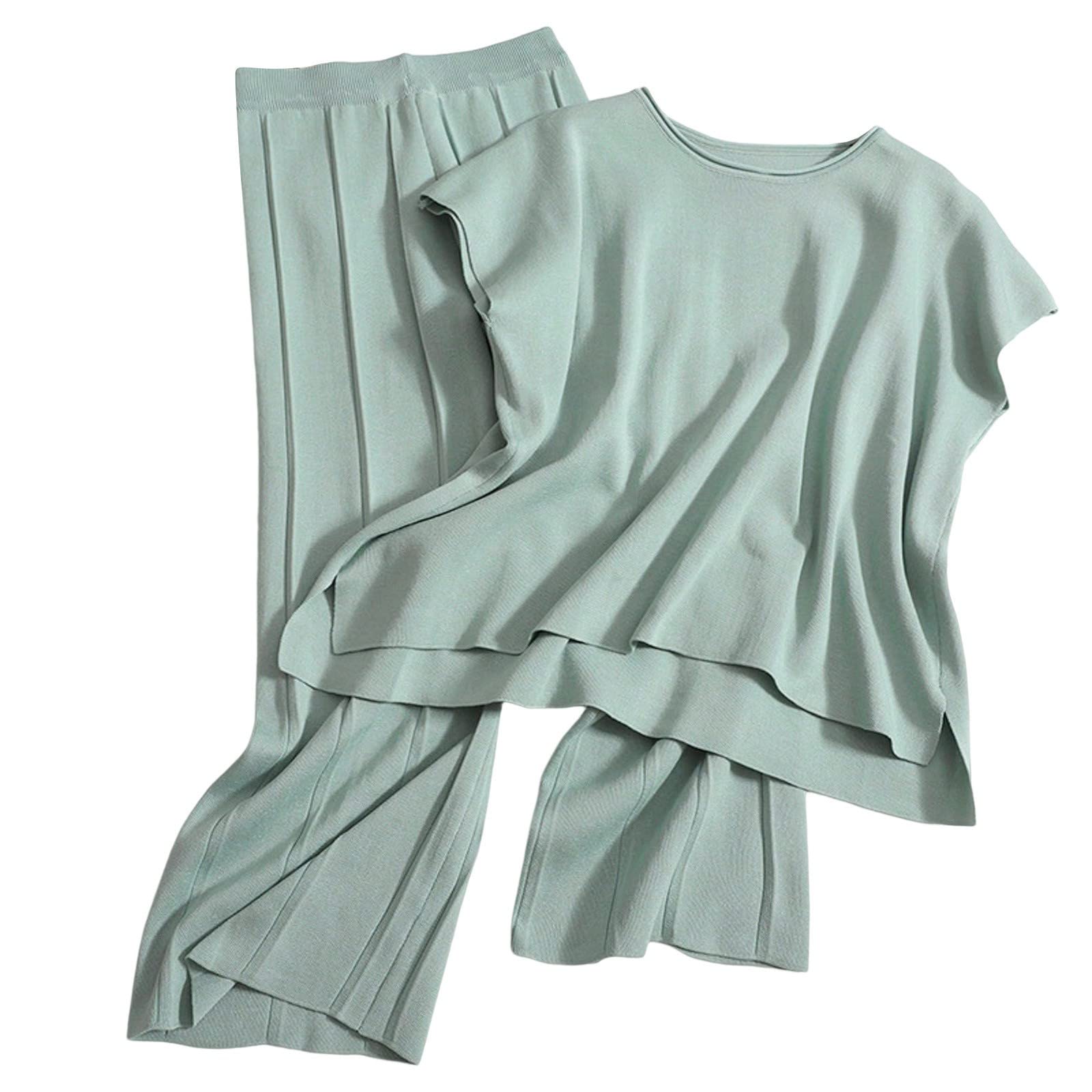 QWUVEDS Mujeres Verano Casual Chaleco Top y Pantalones Conjuntos Color Sólido Punto Dos Piezas Conjuntos Traje Traje Mono Mujer Manga Larga
