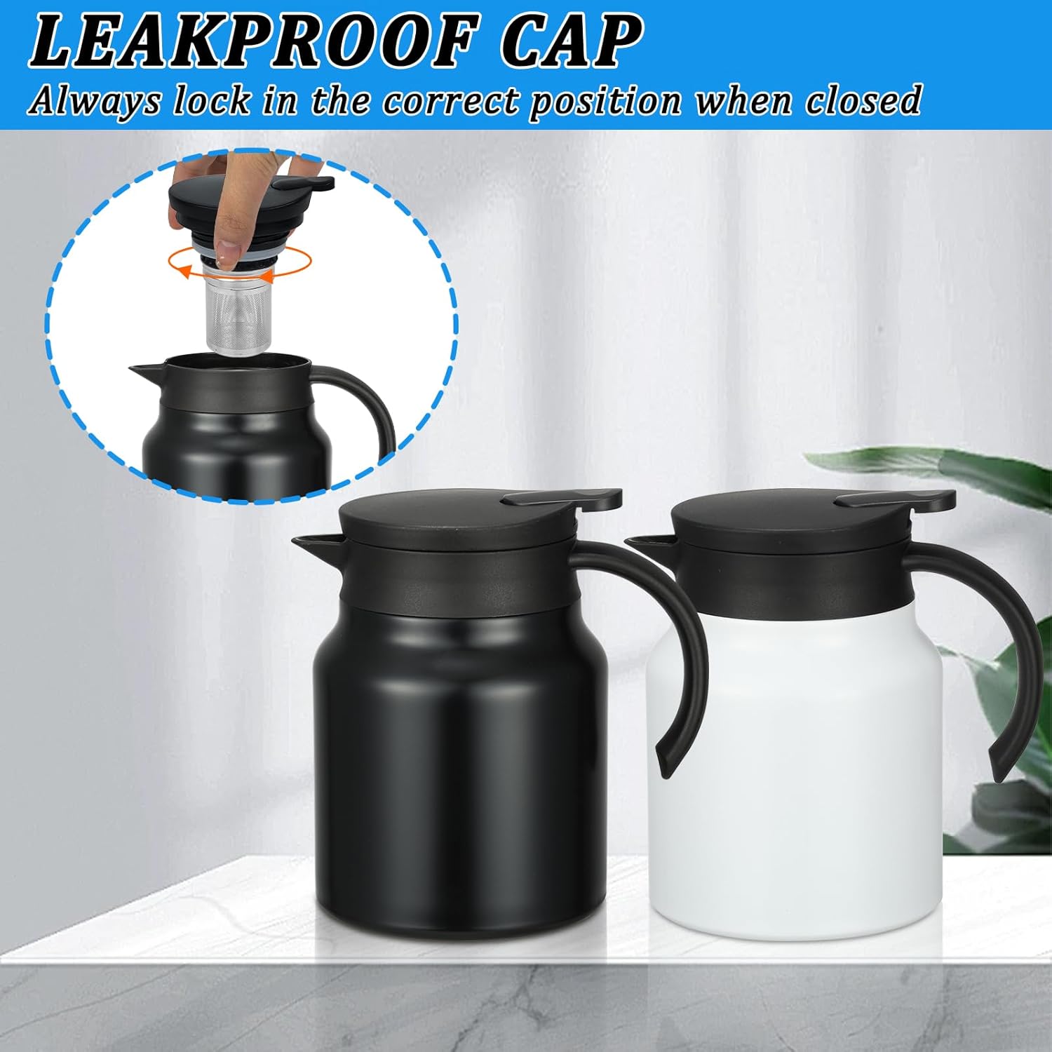 Small Thermal Coffee Carafe Stainless Steel Insulated Creamer Carafe Tea Pot 34Oz Insulation Pot (Black and White, 1000ML(34Oz))