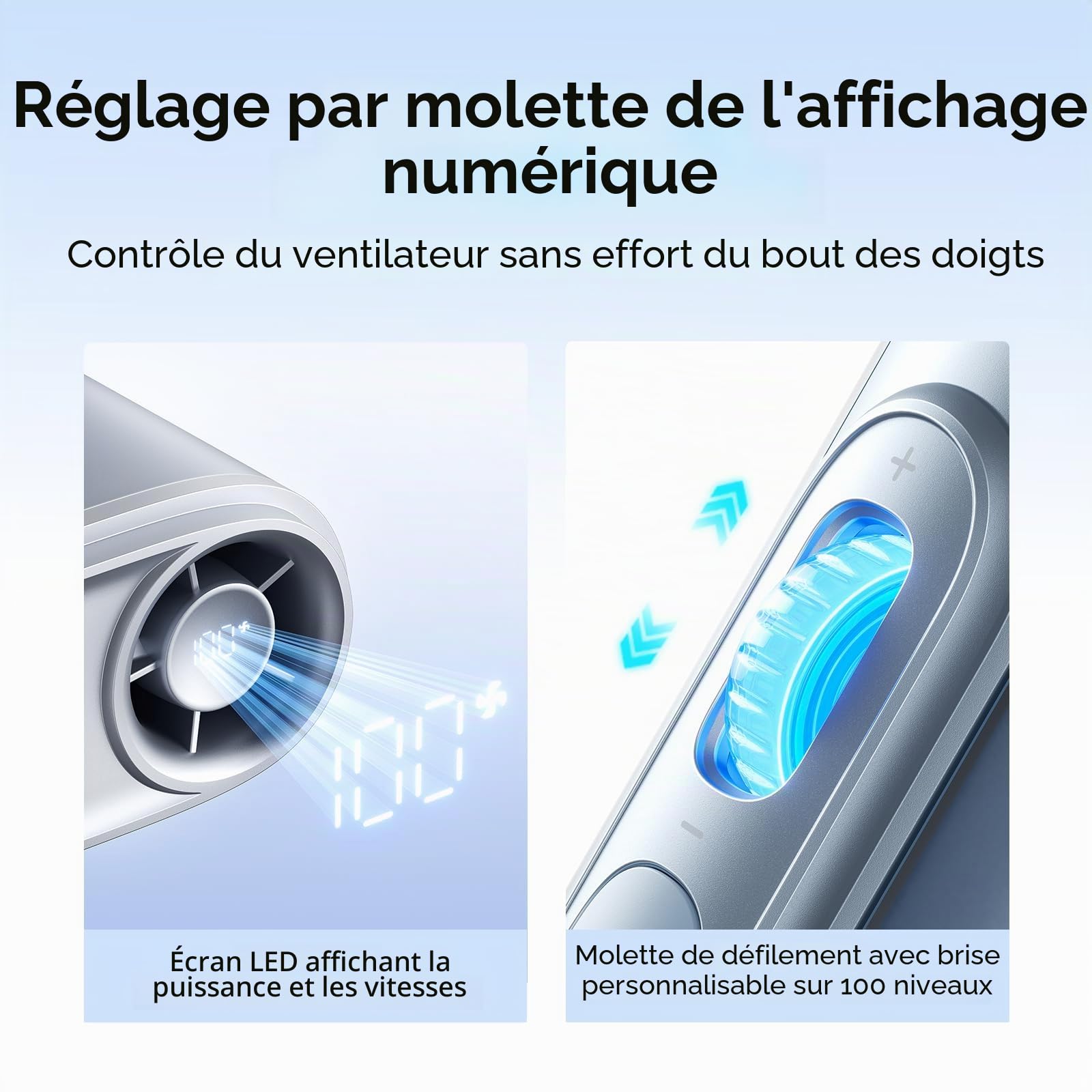 JISULIFE Ventilateur de taille portable, 100 vitesses, 40 000 tr/min, mini ventilateur de cou personnel portable, batterie 4 500 mAh, autonomie 16 h, écran LED, cadeau de voyage en plein air - Noir