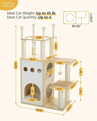 Miniatura 7 de Árbol moderno para gatos, torre de madera para gatos de 42.5 pulgadas con condominio de 2 pisos, muebles para gatos con postes rascadores para