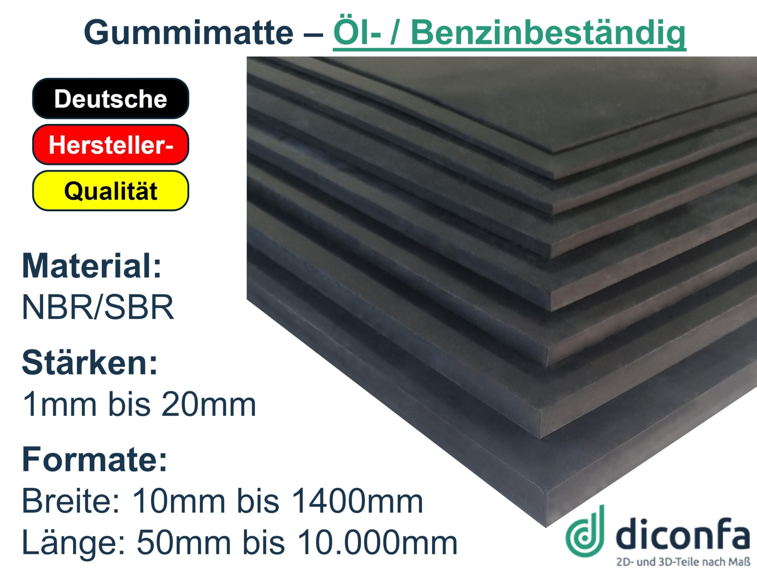diconfa Gummimatte Öl Benzin NBR/SBR 1000mm x 2400mm LANG, 3mm STARK