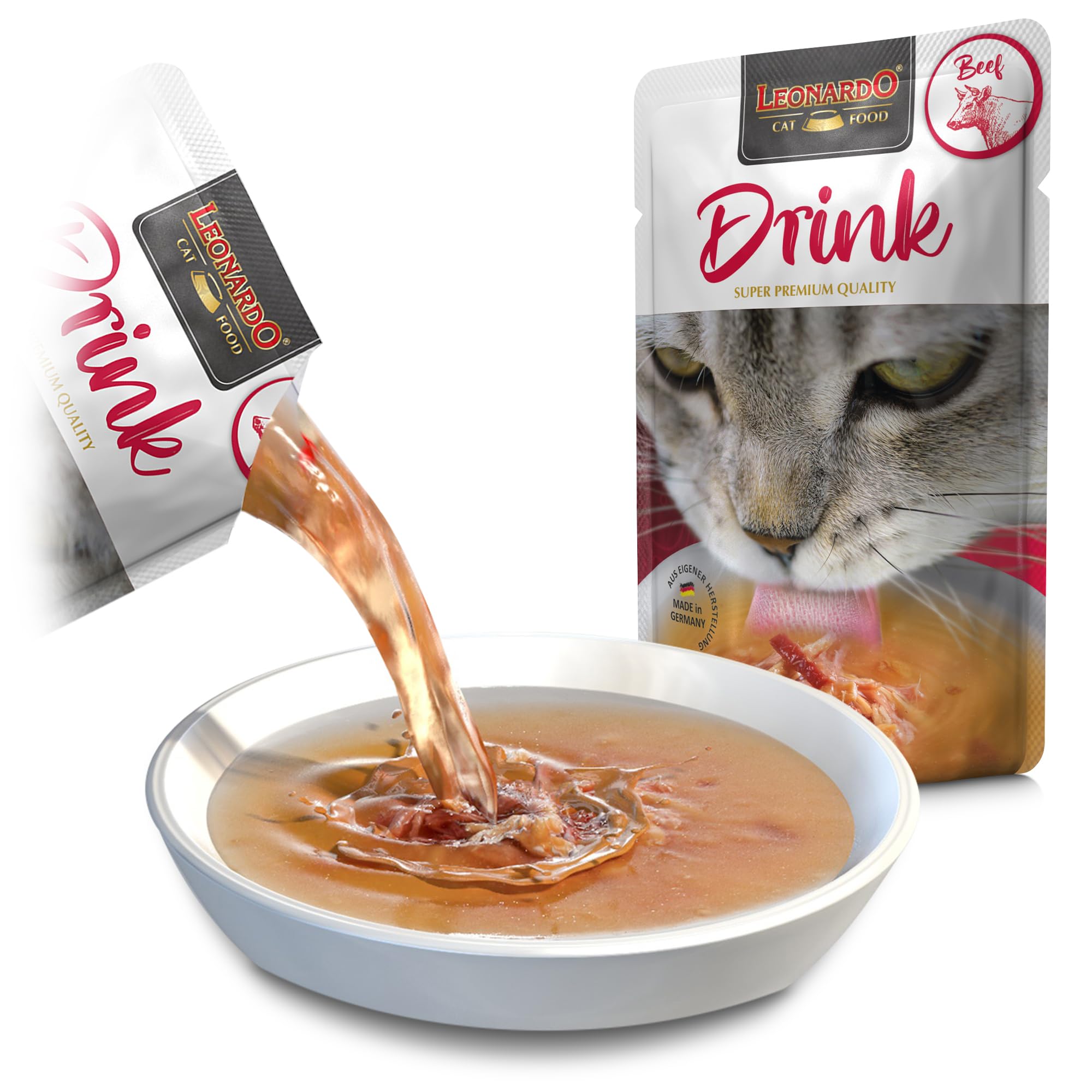LEONARDO Drink Beef [20x40g Paquete múltiple Drink con Ternera] Bebida para Gato | Caldo de Carne con Tiras | Alimento complementario para Gatos