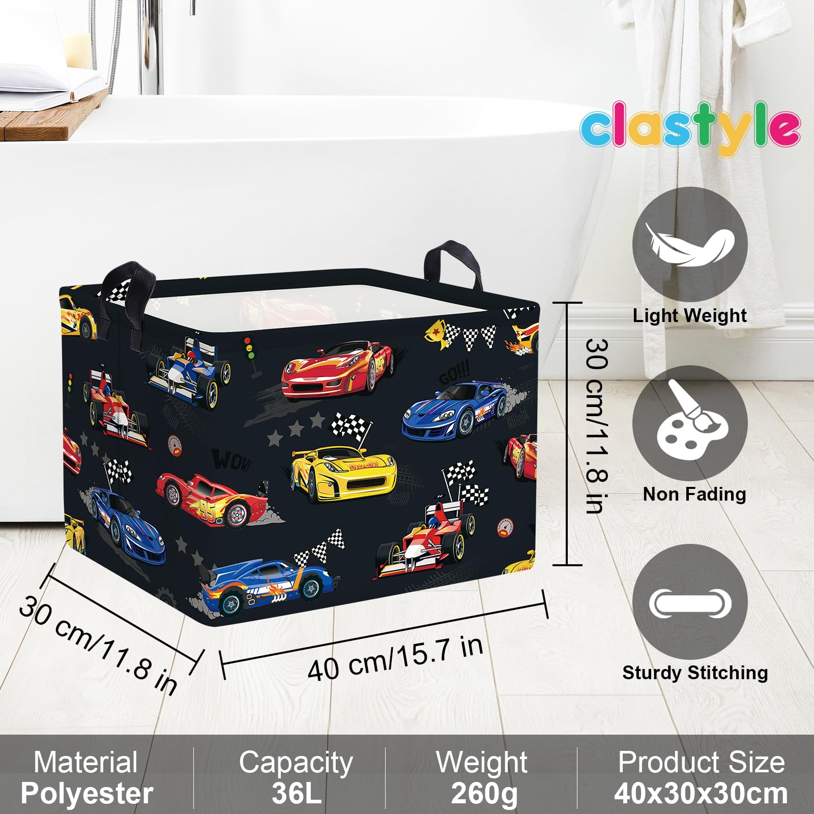 Clastyle Cestos Almacenaje Coche Carreras Cajas de Almacenaje Plegable Padres Ropa para Juguete Ropa Cesta Ropa Sucia para Baño, Gris, 40x30x30 cm