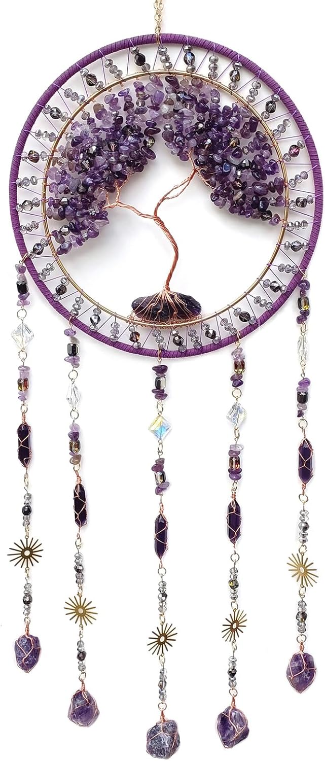 Crystal Tree of Life Dream Catchers with Stone Pendant Purple Dream Catcher Wall Decor Handmade Dreamcatcher Wall Hanging Ornament for Bedroom Living Room Home Decor