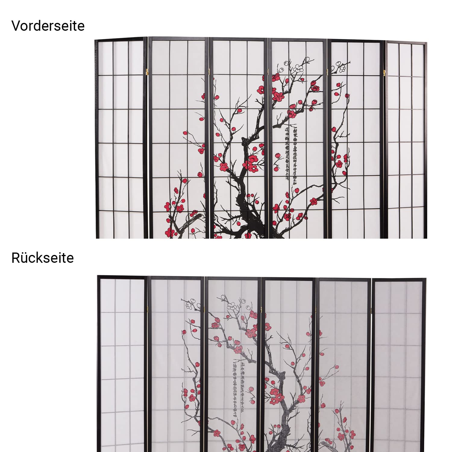 Homestyle4u Paravent Kirschblüten Muster 6-teilig, Raumteiler Shoji 179cm hoch, Trennwand innen Reispapier Holz im japanischen Stil, Artikel 2007