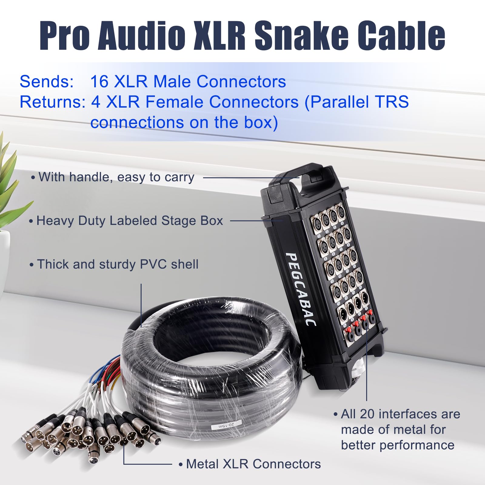 Câble serpent XLR 16 canaux 15,2 m Pro Stage avec XLR et TRS 6,35 mm Retours sur la boîte pour enregistrement, scène, studio