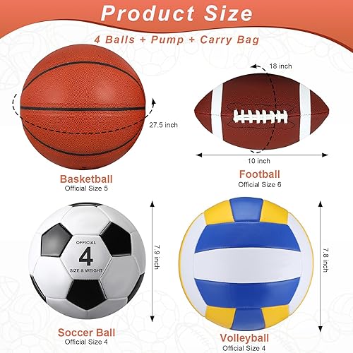 Miniatura 2 de HyDren Juego de 4 pelotas deportivas de tamaño oficial para baloncesto, balón de fútbol, voleibol, con bolsa de transporte y inflador, regalo para