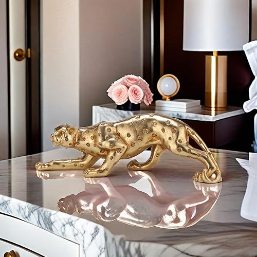 Miniatura 7 de Estatua de guepardo dorado de 10 pulgadas de largo, estatuas de leopardo con purpurina, decoración del hogar, escultura de animal dorado antiguo,