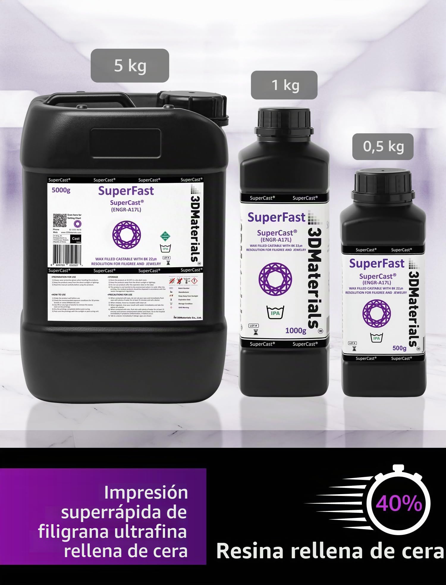 SuperCast es resina fuerte con relleno de cera con resolución de 8K 22 um, ideal para diseños de filigrana ultrafina y joyas, fabricado en Corea por 3DMaterials (500g)