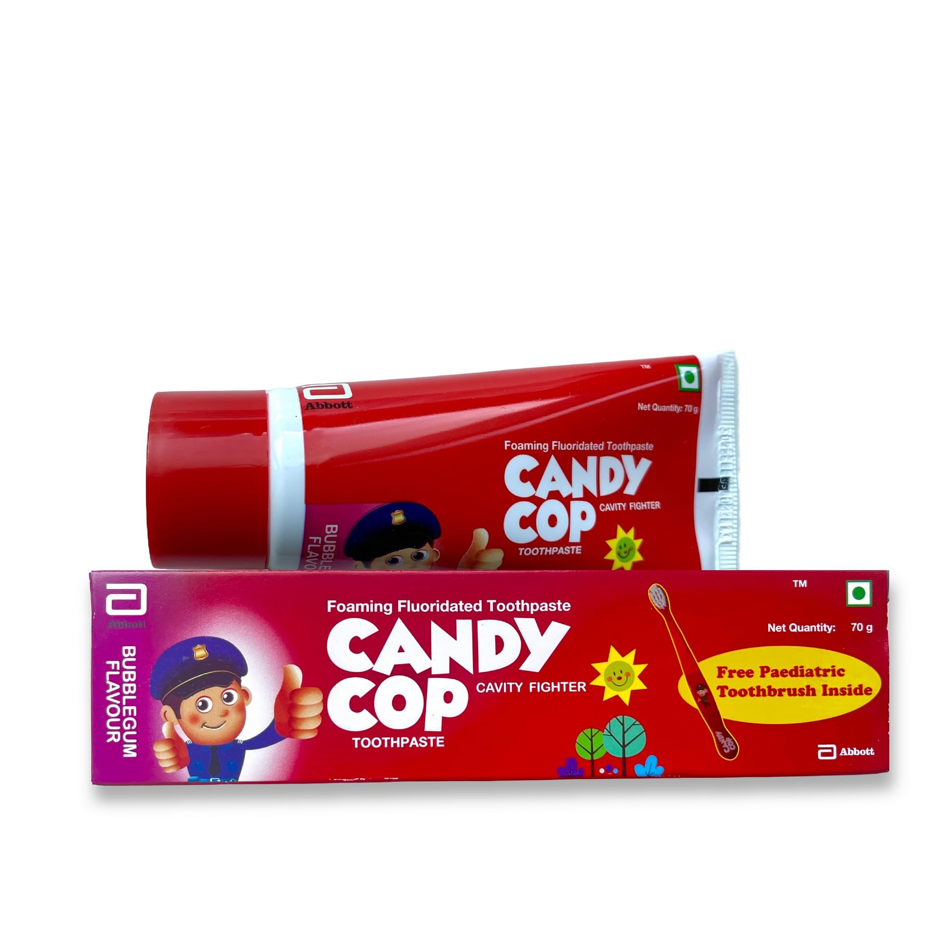 Abbott Candy Cop Oral Care Toothpaste for Children I Cavity Fighter Toothpaste | Foaming Fluoridated Toothpaste | Protection Against Tooth Decay | Bubblegum Flavoured Toothpaste | Free Toothbrush | 70g