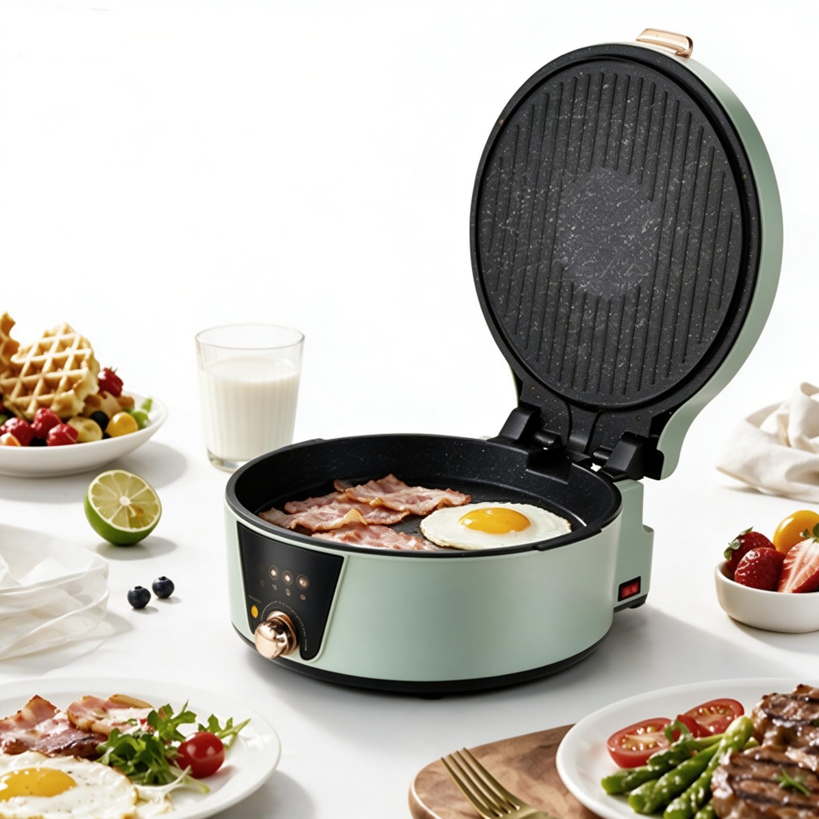 1800W, Antiadherente Desmontable, Calefacción de Doble Cara, para Desayuno | 1800W, calefacción por ambos lados. sartén antiadherente. Bandeja desmontable(cyan)