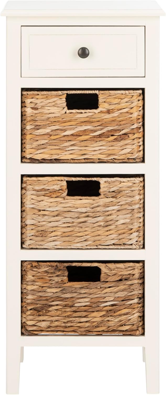 SAFAVIEH Home Collection – Michaela Vintage White Storage Unit with Woven Basket Drawers, British Colonial Farmhouse Accent Storage, Fully Assembled (AMH5744B)