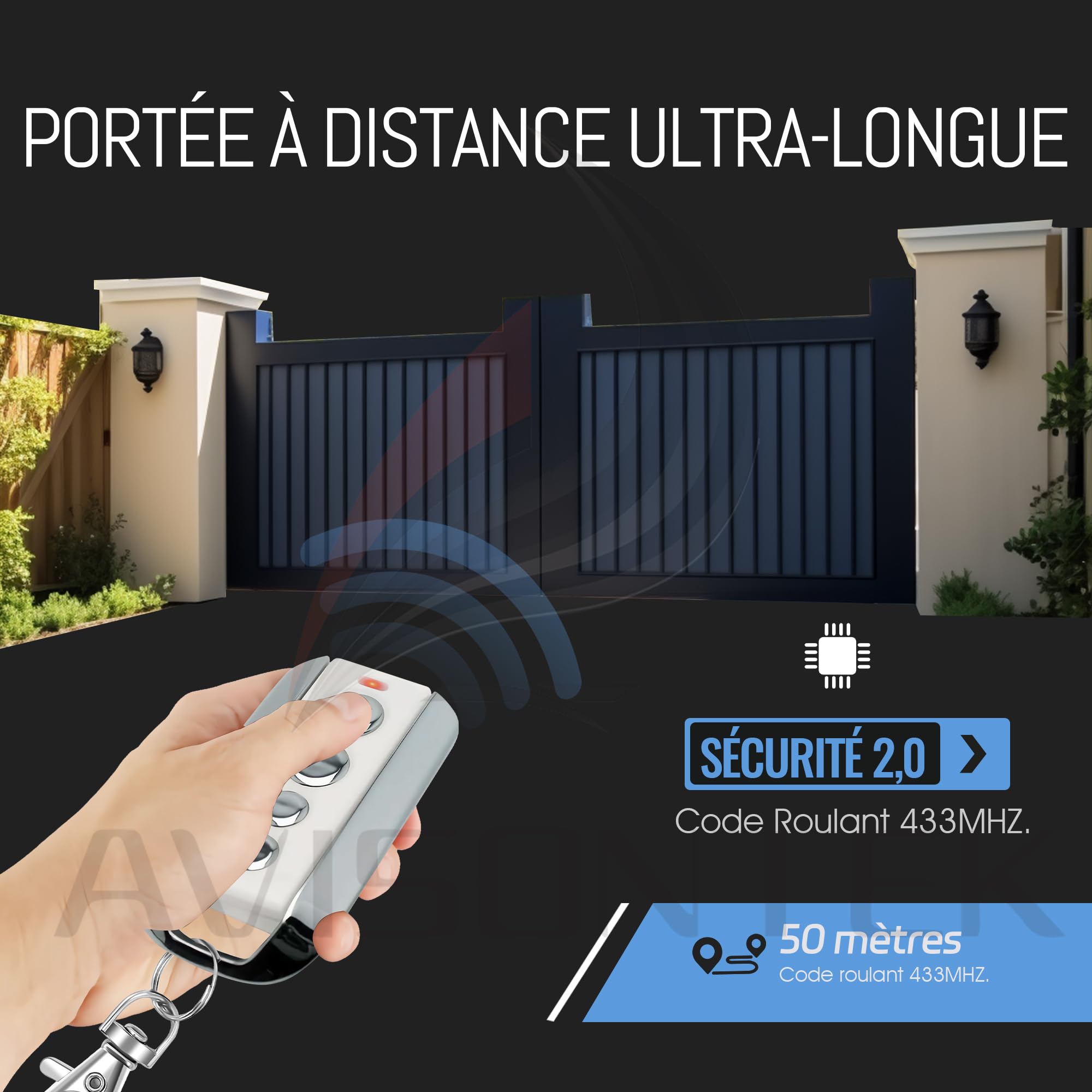 2X 504257 104257 AVIDSEN Télécommande Motorisation Portail Porte de Garage | Garantie de 3 Ans Certifié CE Compatible avec AVIDSEN EXTEL THOMSON