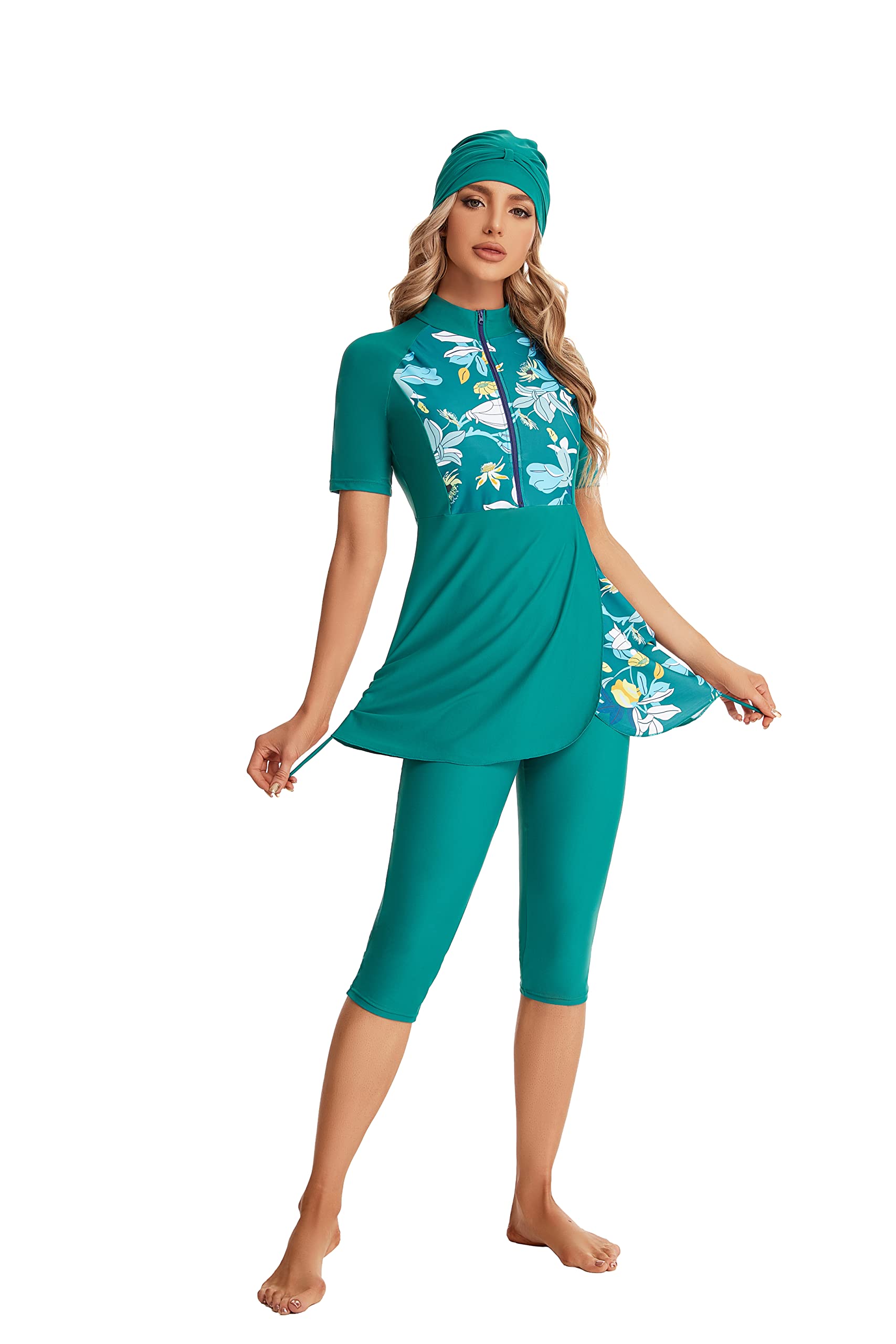 Maillot de Bain pudique Femme à Manches Courtes Imprimé Floral avec Ceinture réglable