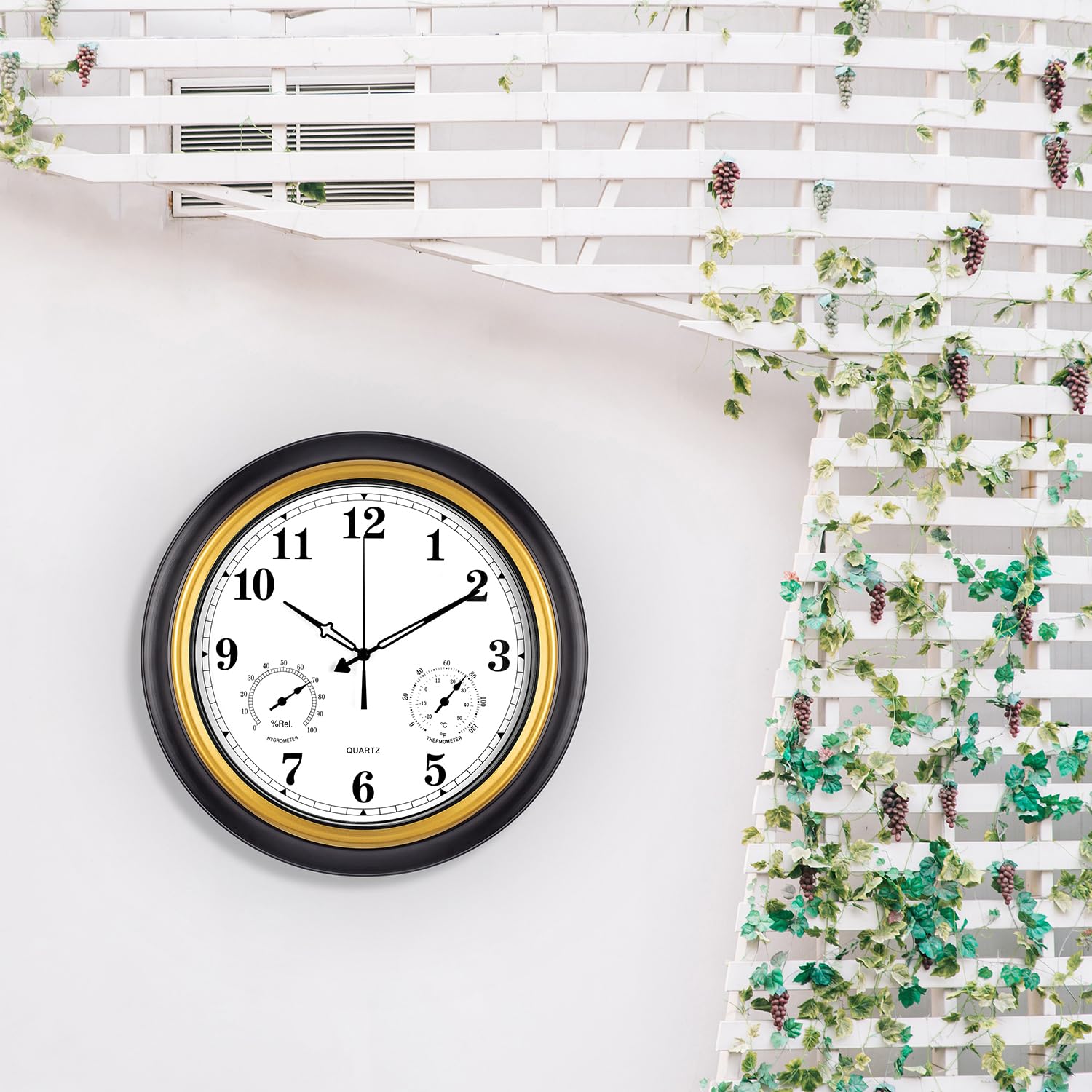 Reloj de pared para exteriores de 18 pulgadas, números arábigos dorados, resistente al agua, ultra silencioso, decoración de jardín