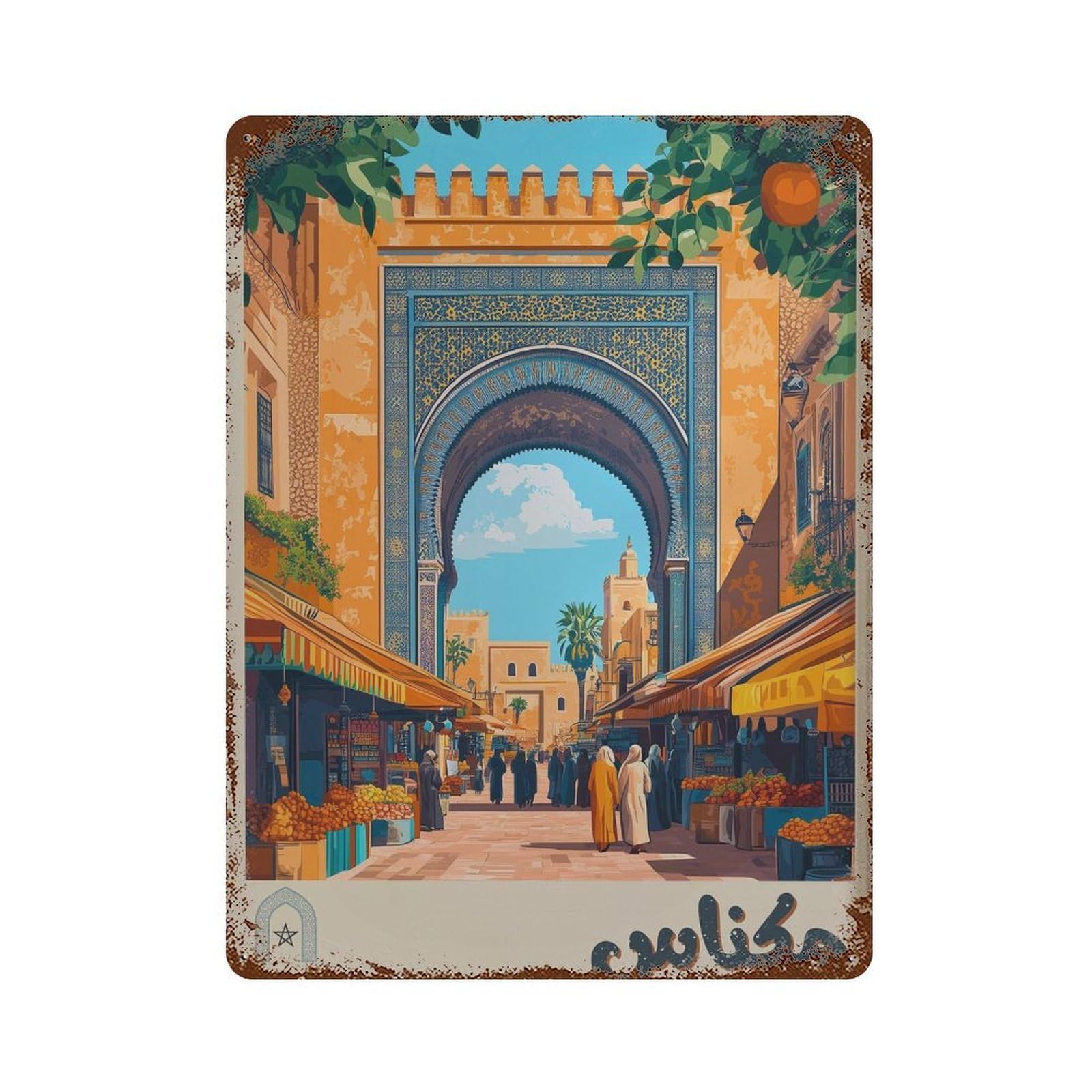 xiaoxiaoshen Meknes Morocco Travel Bab Mansour Archway in Arabic Wall Decor Art Metal Tin Poster Modern Home Decor Art Home Bar Shop Decorations Vintage Sign 40x30cm