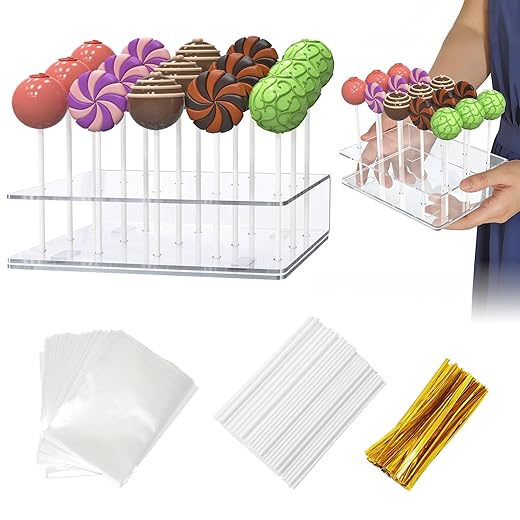 2 Pack Cake Pop Stand with Sticks Kit, Acrylic Cake Pop Display Holder with Base, Clear Lollipop Stand, 15 Holes Candy Pop Holder with 100 Pcs Sticks, 100 Pcs Clear Wrappers, 100 Pcs Gold Twist Ties