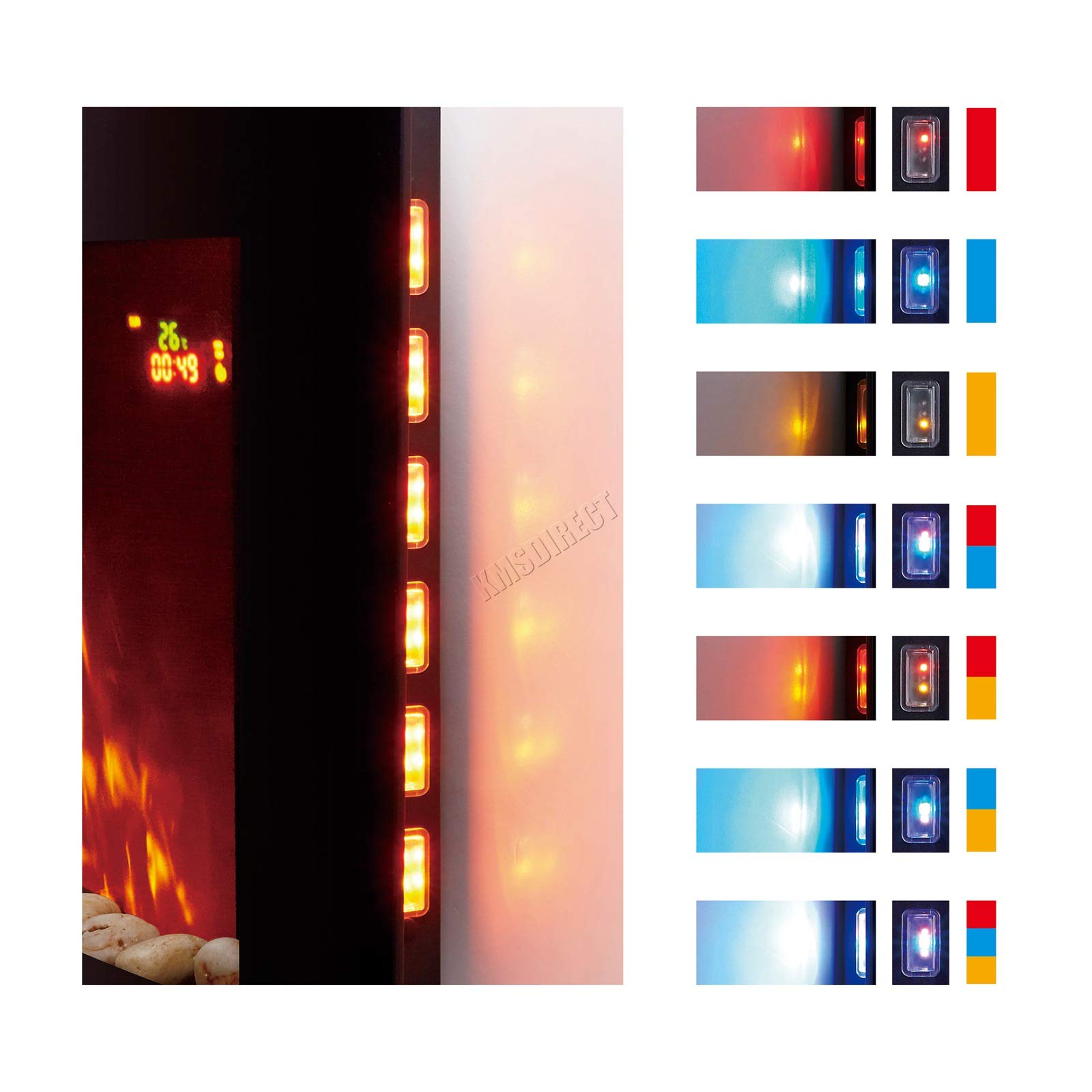 HEATSURE Wall Mounted Electric Fire Curved Glass Screen Fireplace With 7 Colour LED Backlight