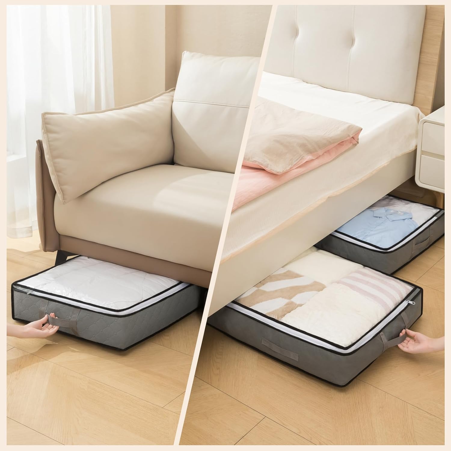90L Under Bed Storage Containers, Foldable Grey Underbed Storage Bags - Closet Organizers and Storage Bins for Wrapping Paper, Blanket, Clothing, Comforter, Sweaters, Pillows, Linen Sheets - Image 3