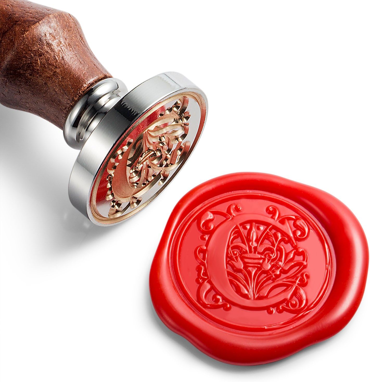 Mceal Wax Seal Stamp, Silver Brass Head with Wooden Handle, Regal Letter A to Z Series(Letter C)