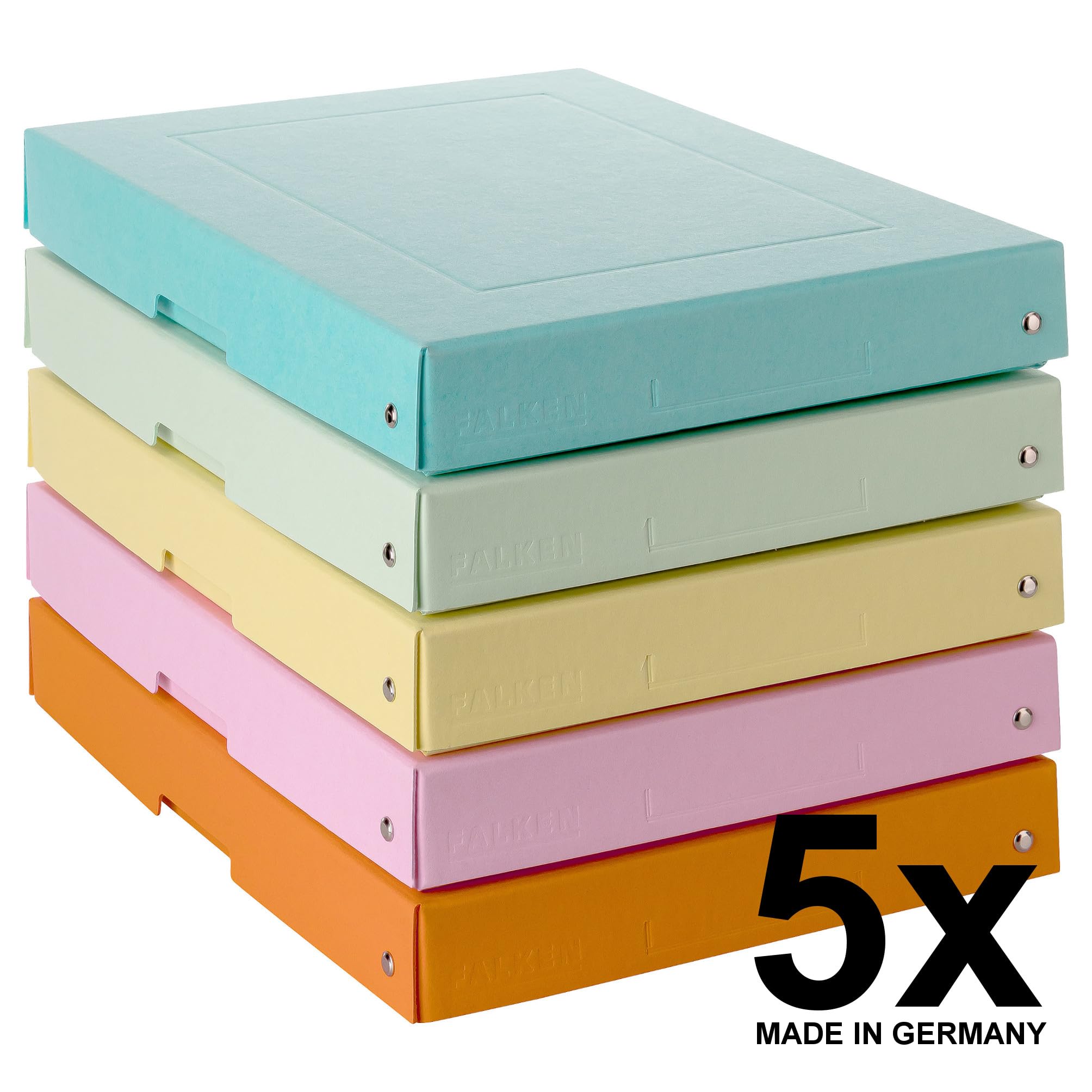 Falken 5-pak pastelowych pudełek PureBox. Made in Germany. 40 mm wysokości DIN A4 różne kolory. Pudełko do przechowywania z pokrywką ze stabilnego kartonu wegańskie pudełko prezentowe pudełko