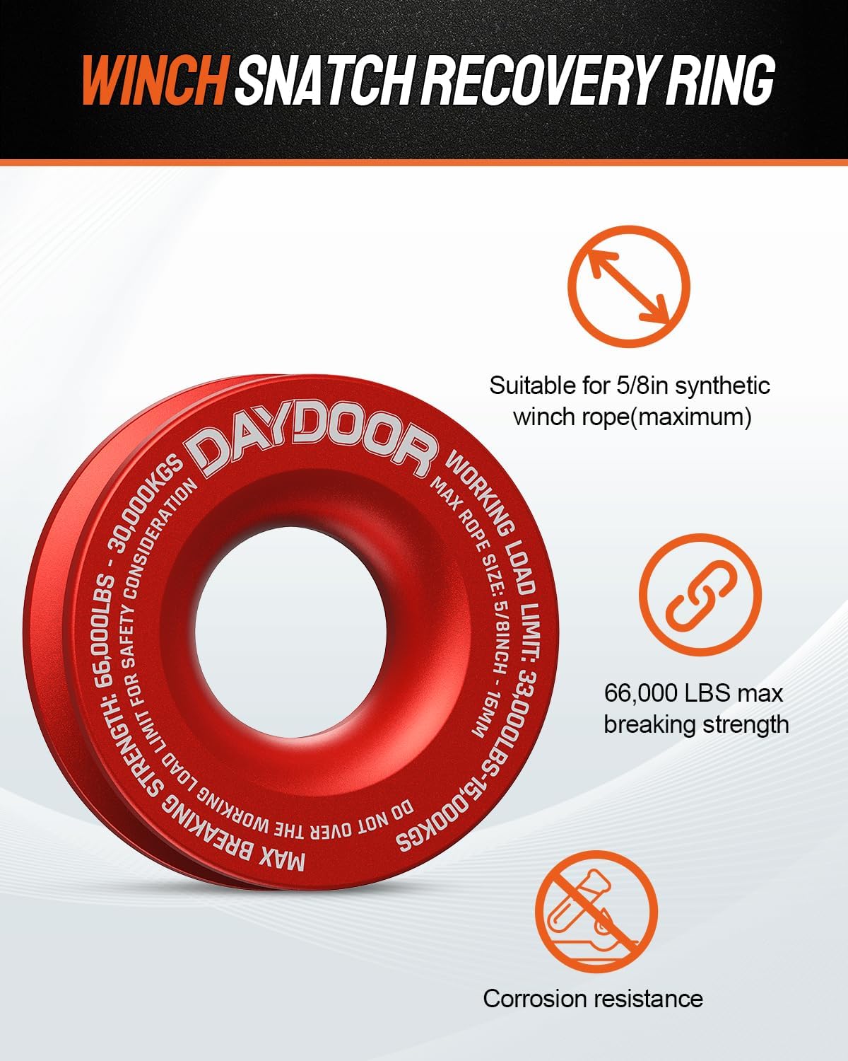 DAYDOOR 68,300 LBS Soft Shackle Recovery Kit, 3/4" x 24" (2-Pack) with 7075 Aluminum Snatch Ring, Winch Accessory for Ford F250/F350, Ram 2500/3500, Heavy Tractor & Full-Size Trucks(Orange)