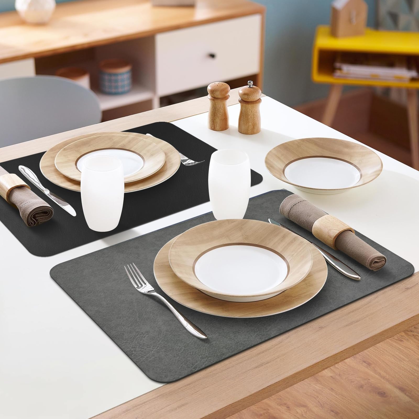 Set di 6 tovagliette in pelle ecologica in poliuretano, resistenti al calore, impermeabili, lavabili, per tavolo da pranzo, per casa, feste all'aperto (grigio/nero, 6)