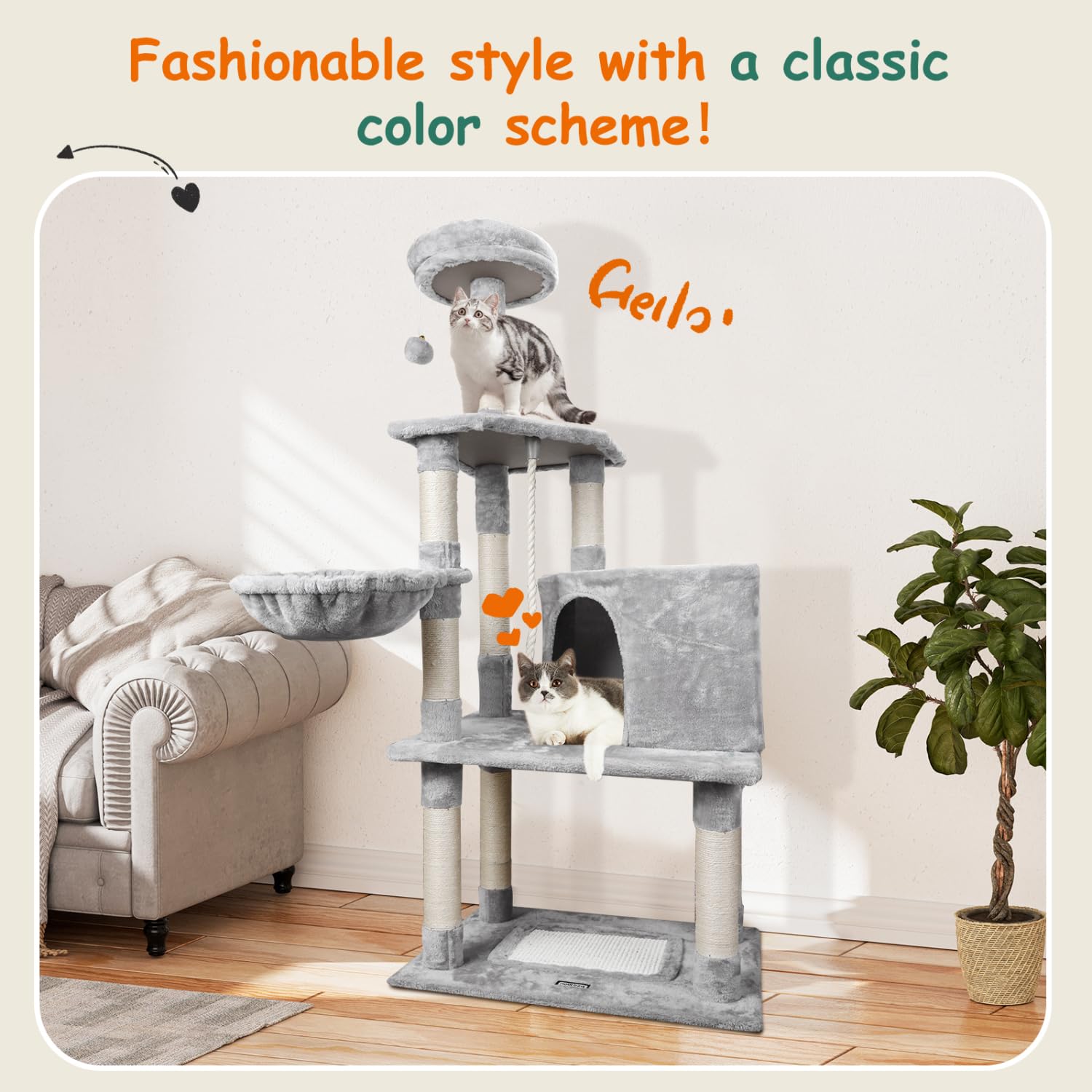 Nobleza Albero per Gatti 148 cm, Tiragraffi con Amaca, 9 Pali Sisal, 2 Piattaforme, Pompon e Cuscino, Gioco per Gatti Adulti, Grigio