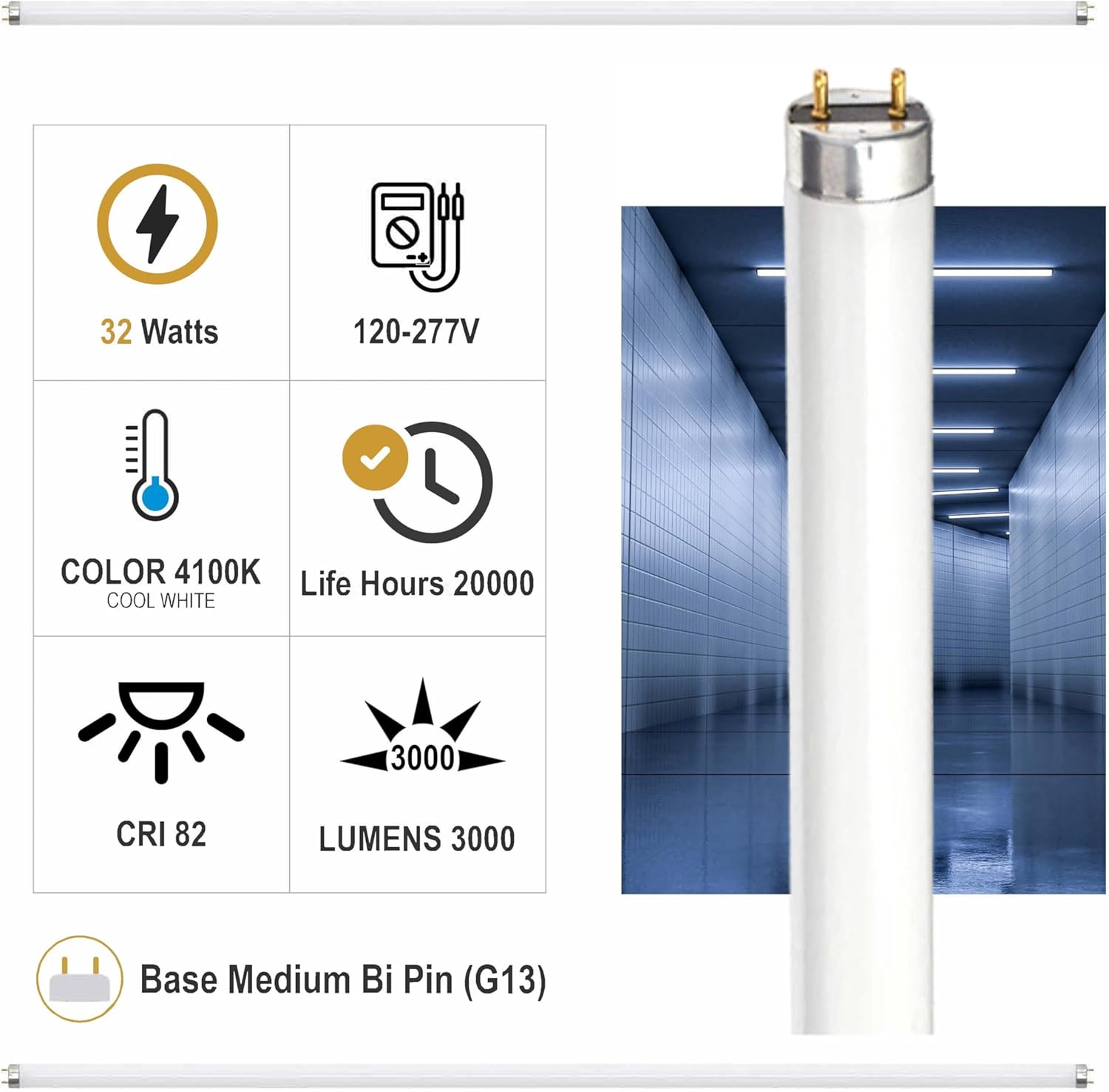 F32T8/841 4 Pack 32W 48 Inch T8 Fluorescent Tube Light Bulb, 4100K Cool White, Medium Bi-Pin (G13) Base, 32 Watt T8 Light Bulbs