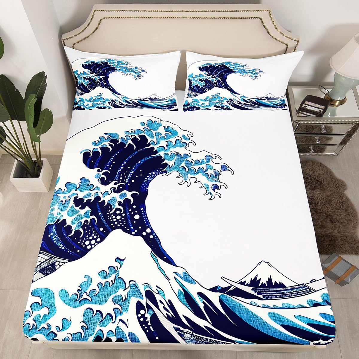 Erosebridal Sea Wave Fitted Sheet Japanese Wave Sheet Set Ocean Nautical Surf Bedding Japanese Ukiyoe Print Bed Cover, Soft Microfiber 1 Fitted Sheet with 1 Pillow Case TwinXL Size