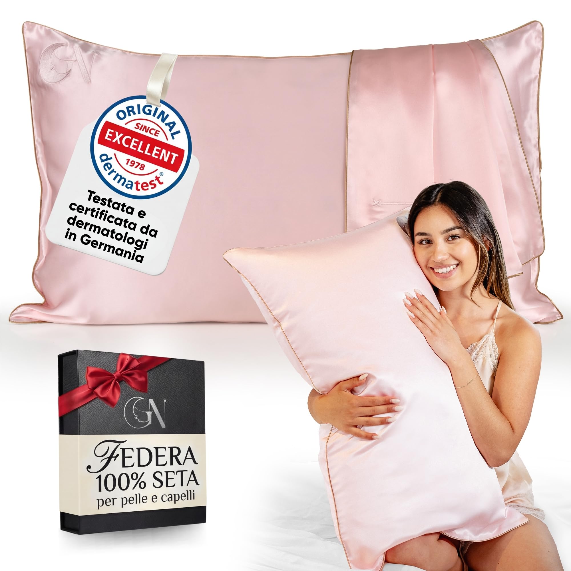 Federa Seta Cuscino 50x80 Certificata da Dermatologi per Pelle e Capelli | Federa in seta per capelli | Massima qualitá 6A, 22 momme | Silk pillowcase (Rosa chiaro - bordino Beige)