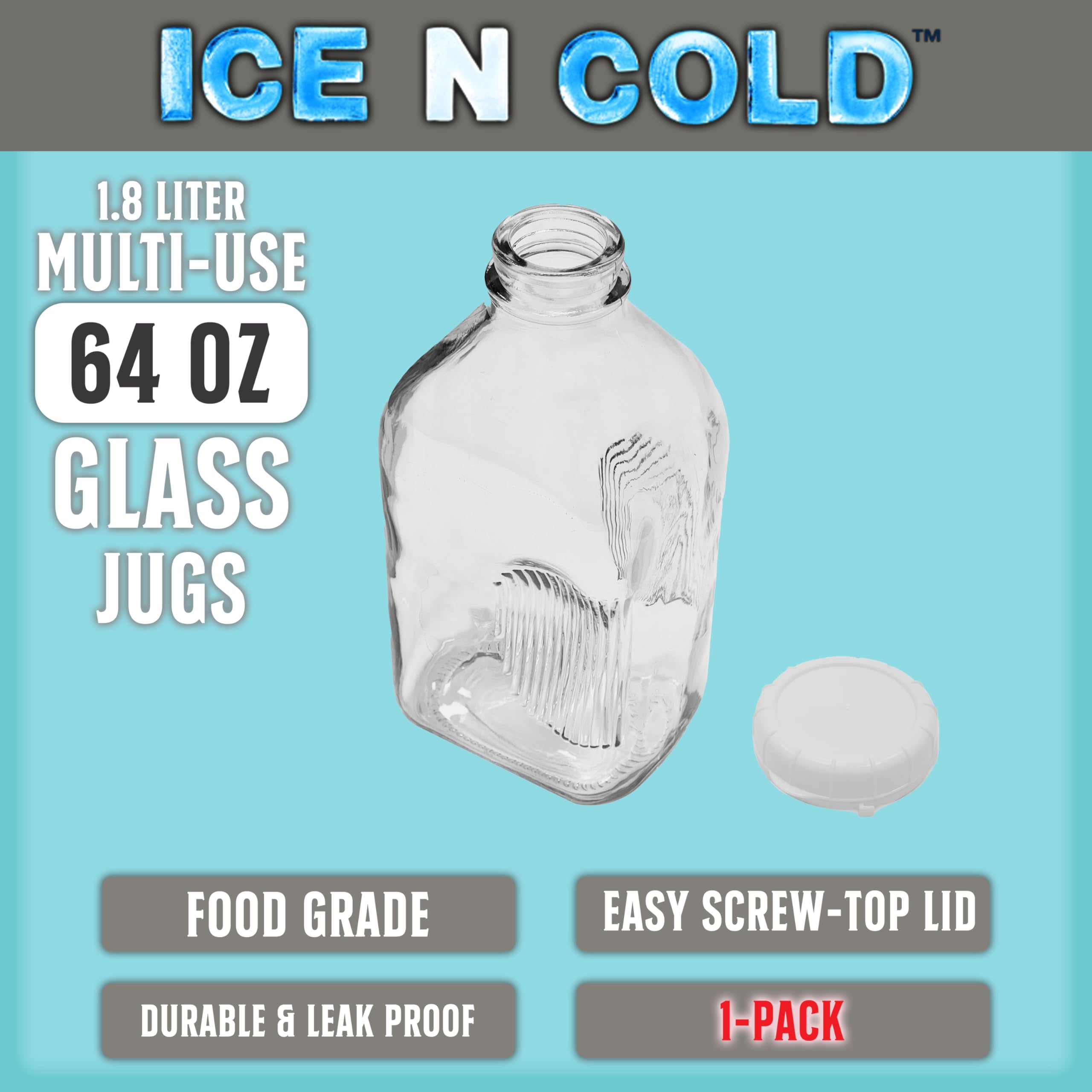 Glass Beverage Jug, 64 oz, Clear, Wide Mouth with Groove Handle and Airtight Lid (1)