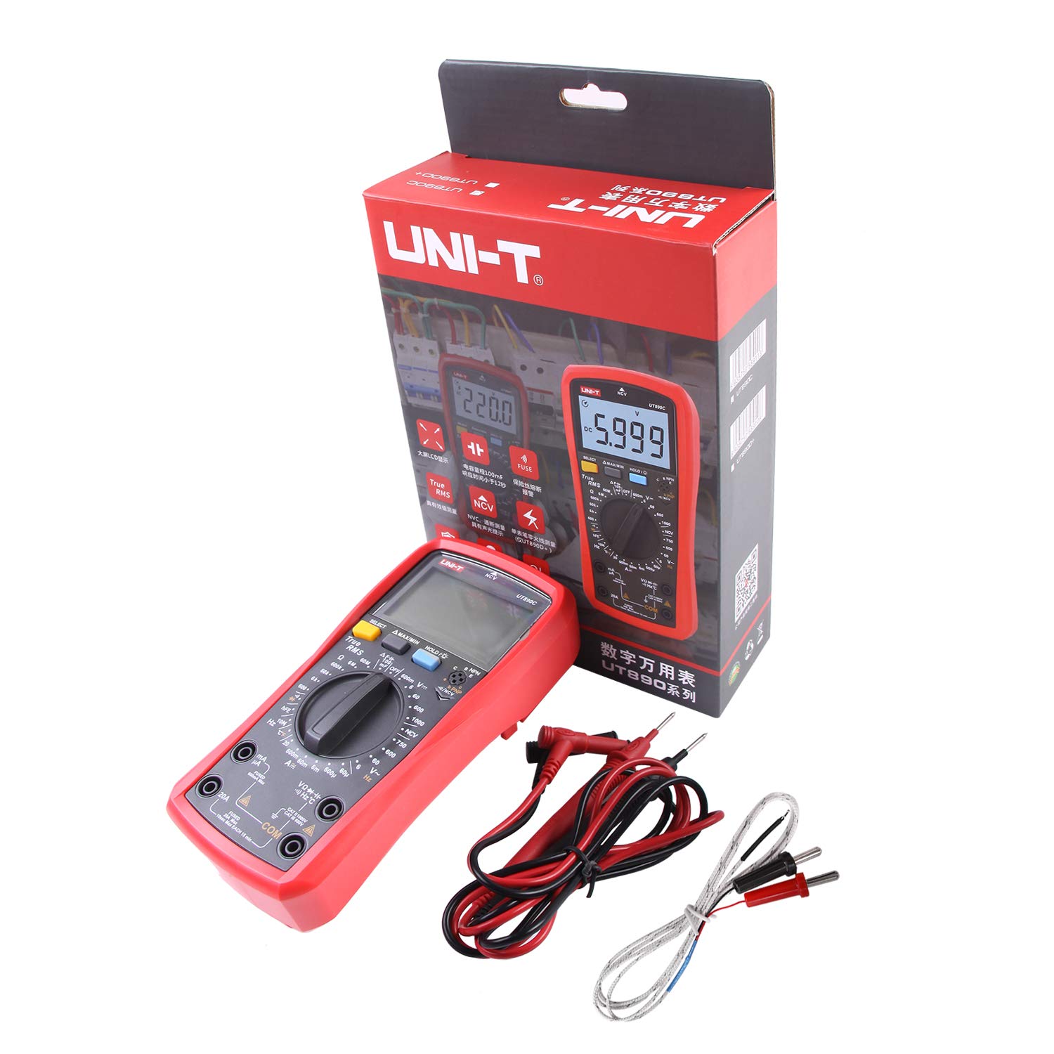 UNI-T UT890C Multimetro Digitale Professionale Tester Voltmetro Amperometro Ohmmetro Veri RMS 6000 Conti Test di Capacità e Misurazione della Temperatura con LCD Retroilluminato