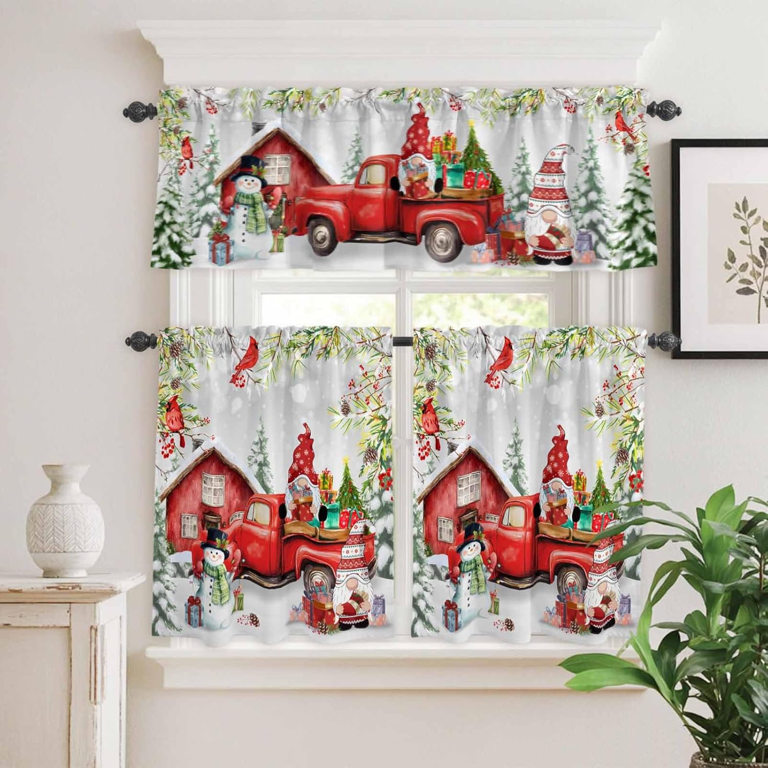 Gnome Christmas Snowman Kitchen Curtain Set Red Truck Christmas Tree Rod Pocket Kitchen Tier Curtains Valance Set 3 Piece Red Cardinal Bird Christmas Window Curtain Valance Tier Set 54 in x 24 in