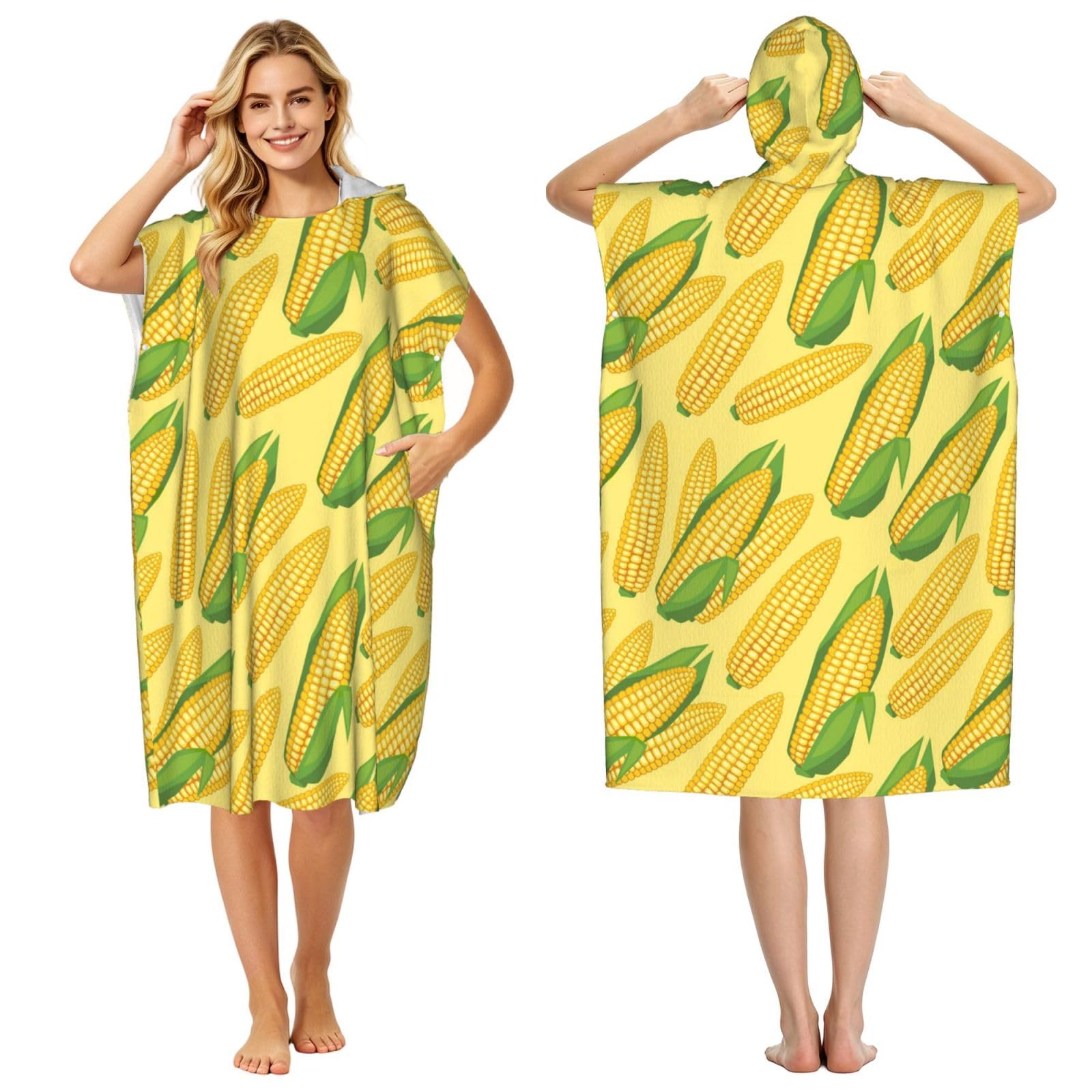 Poadnly Fresh Ripe Corn Cobs, Adult Hooded Beach Towel 90 x 110 cm,Changing Bath Robe, Surf Poncho Towel For Women Men