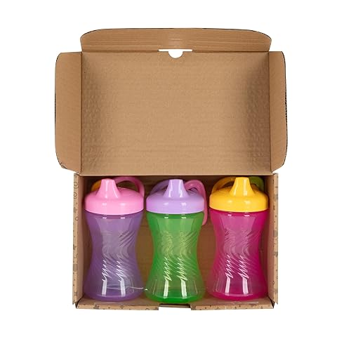 Miniatura 7 de Nuby Vaso antiderrames con boquilla dura de fácil agarre, paquete de 3, 10 onzas, vaso para bebés de 6 meses en adelante, rosaverdemorado