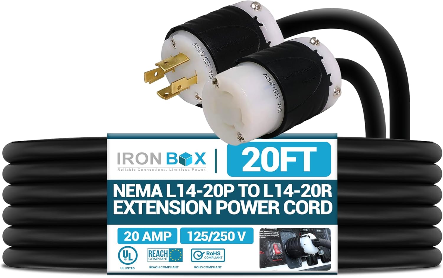 IronBox Electric NEMA L14-20P to L14-20R Extension Power Cord - 20A, 125/250V, 12/4 SJOOW - UL Listed Twist Lock Plug Adapter - Heavy Duty Power Cable for Generator, Data Centers & More (20ft, Build)