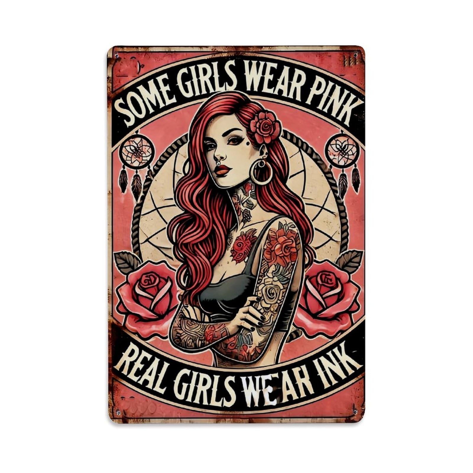 Jdfenggu Vintage Tattooed Woman With Roses And Dreamcatchers Retro Metal Tin Sign, Decor Art Poster For Bar, Home, Man Cave, Kitchen, Laundry Room Gift 8X12inch