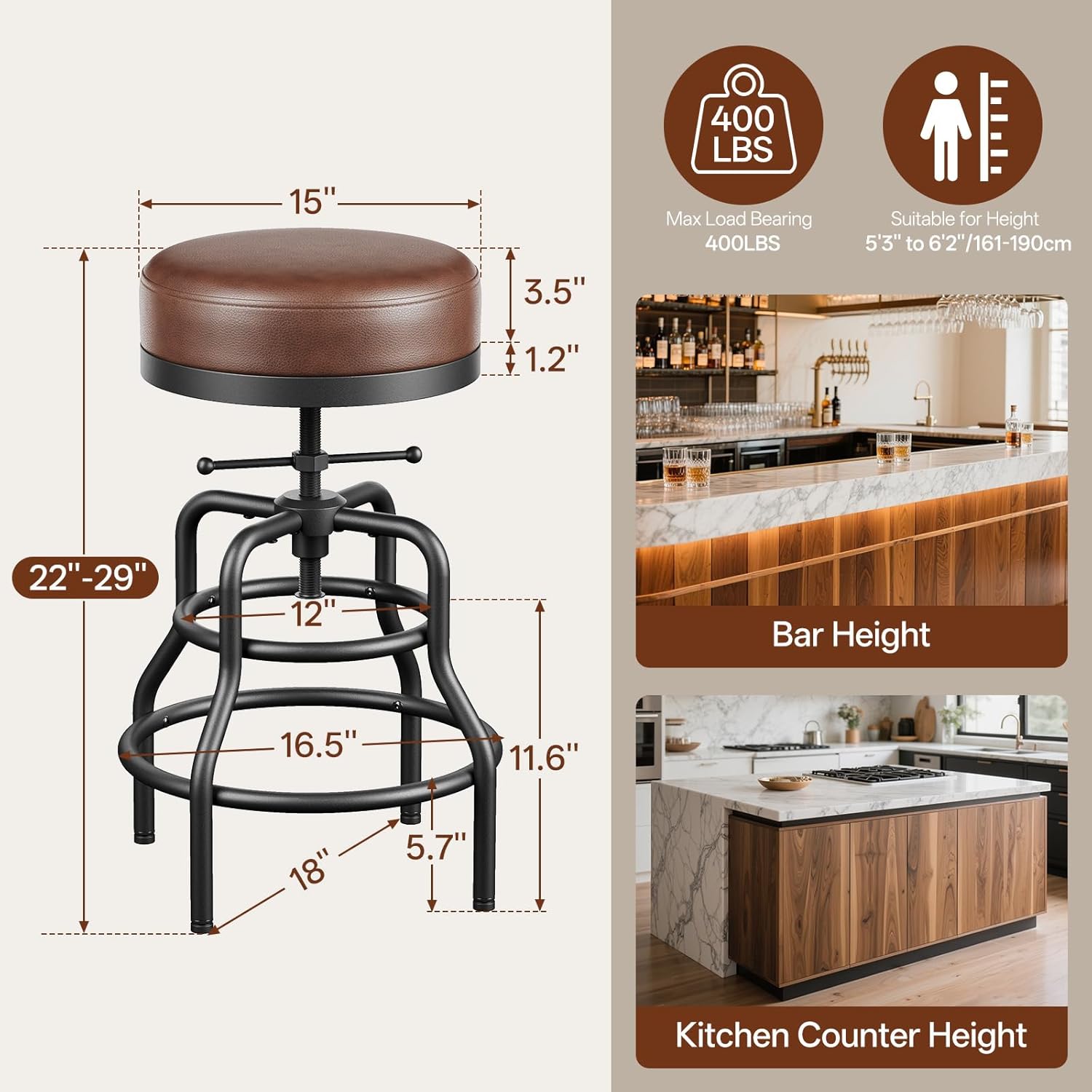 Raynesys Adjustable Height Swivel Bar Stools Set of 3, 22-29 Inch Industrial Vintage Bar Counter Height Stools with Thicken Premium Bonded Leather Seats & Updated Footrests, Easy Assembly, Brown