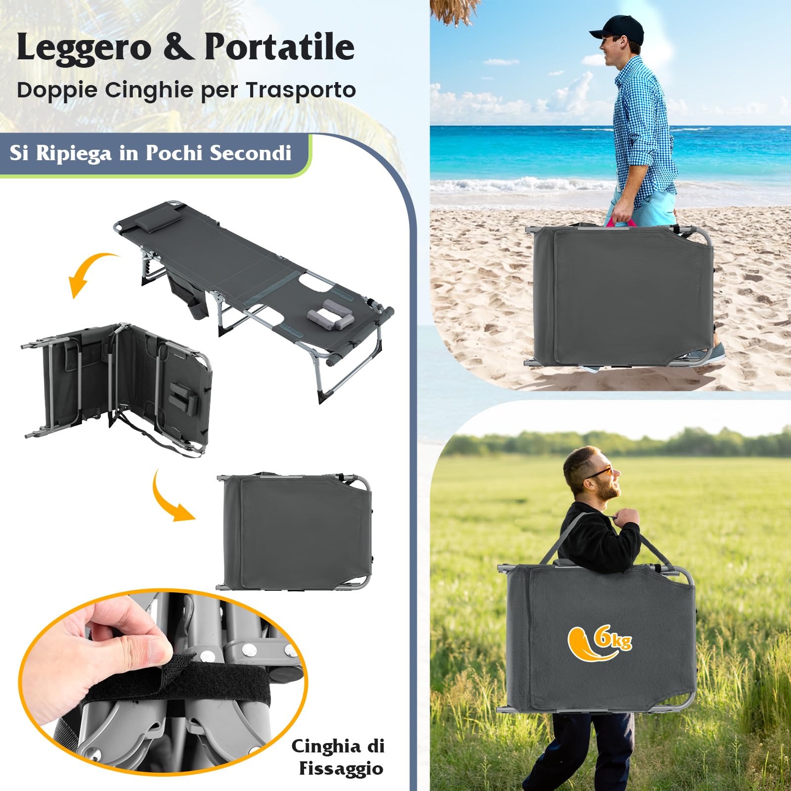 COSTWAY Lettino Prendisole Pieghevole Portatile, Lettino da Spiaggia con Fori per Viso e Braccia, Cuscino Poggiatesta e Tasca, Schienale Regolabile, per Mare e Piscina, Portata 180 kg (Grigio Scuro)