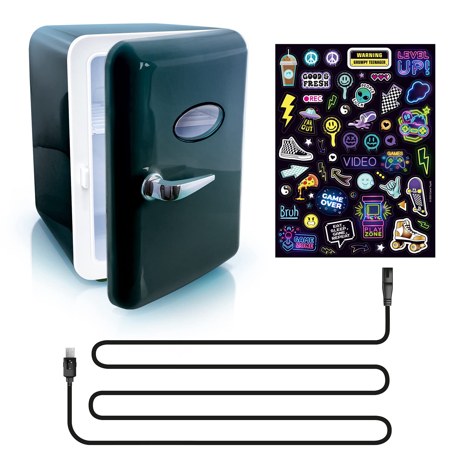 So Chill Black, 4L, cavo, utilizzare mini frigo, giocatori, studenti, viaggi a casa/auto/Hangouts + altro, alimentazione USB, adesivi inclusi, 6 lattine