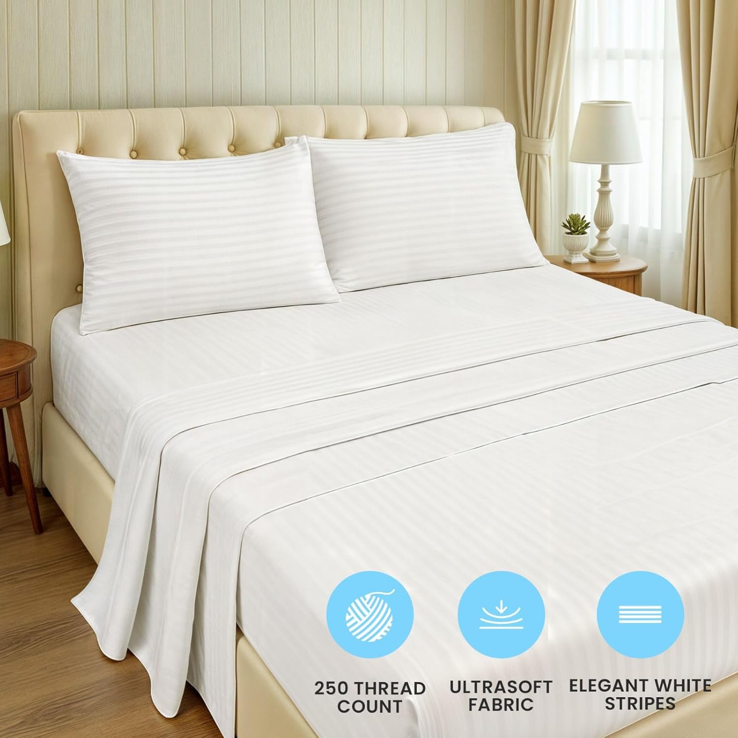 Linteum Textile Flat Bed Sheets - 6 Pack, 84x120 Inches - Full White Stripe Soft Cotton Blended Top Sheet 250 Thread Count, Shrinkage & Fade Resistant - Ideal for Hotel, Motel & Rental Properties