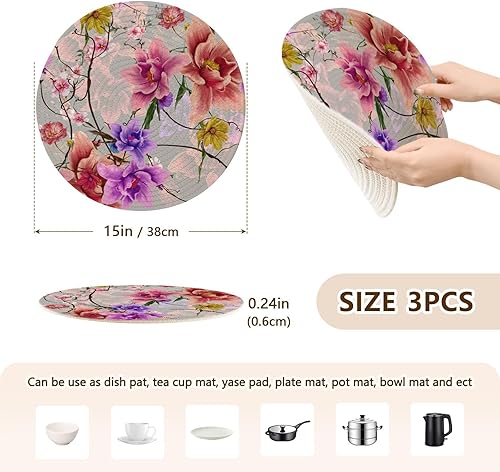 Miniatura 2 de Salvamanteles de 3 piezas para ollas y sartenes calientes con patrón de flores y hojas de acuarela, juego de salvamanteles para olla instantánea,