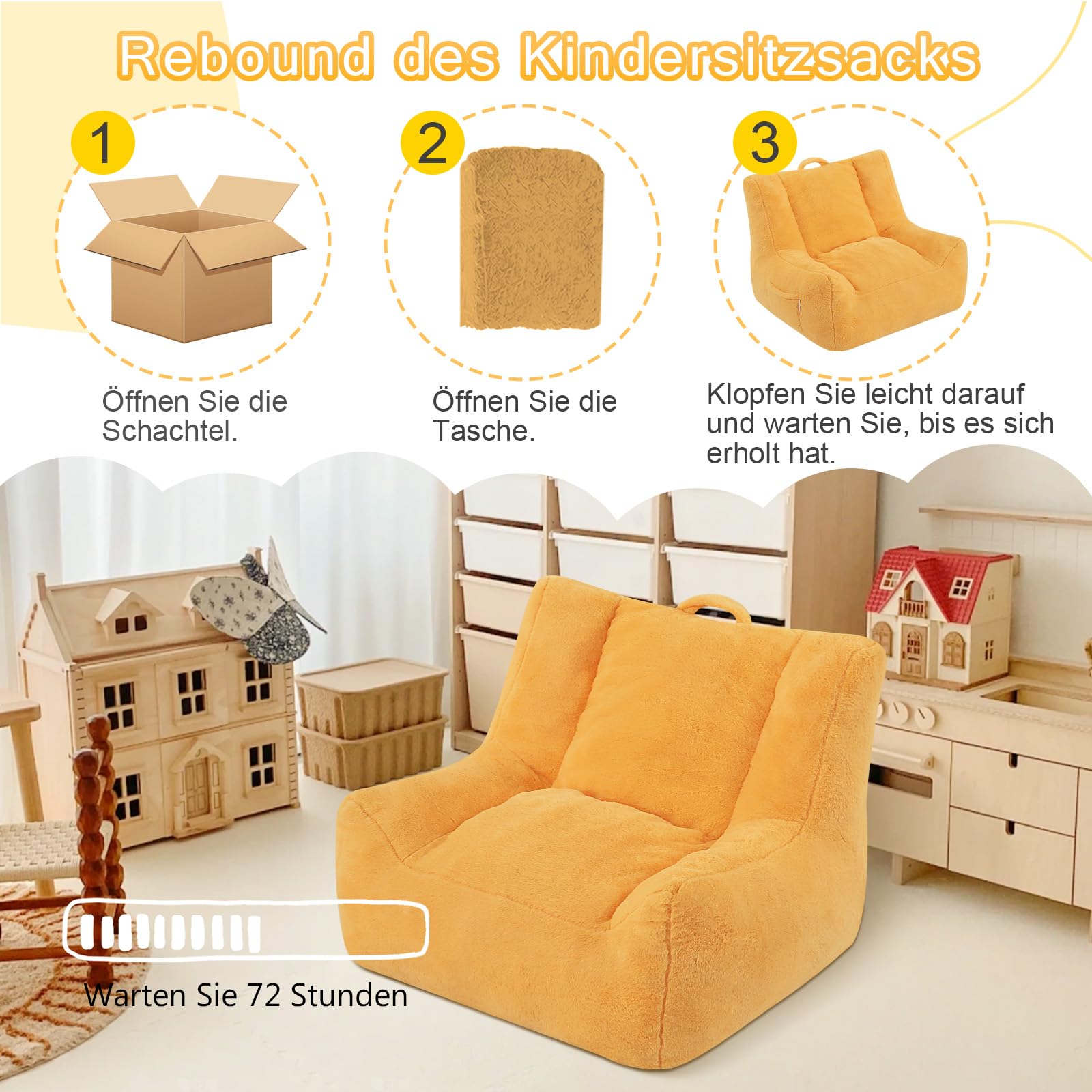 MeMoreCool Sitzsack Kinder, Baby Sessel mit Füllung Jungen und Mädchen, gemütliches Sofa mit Tasche für Spielzimmer, Sitzsäcke fürs Kuschelecke Kinderzimmer, Gelb
