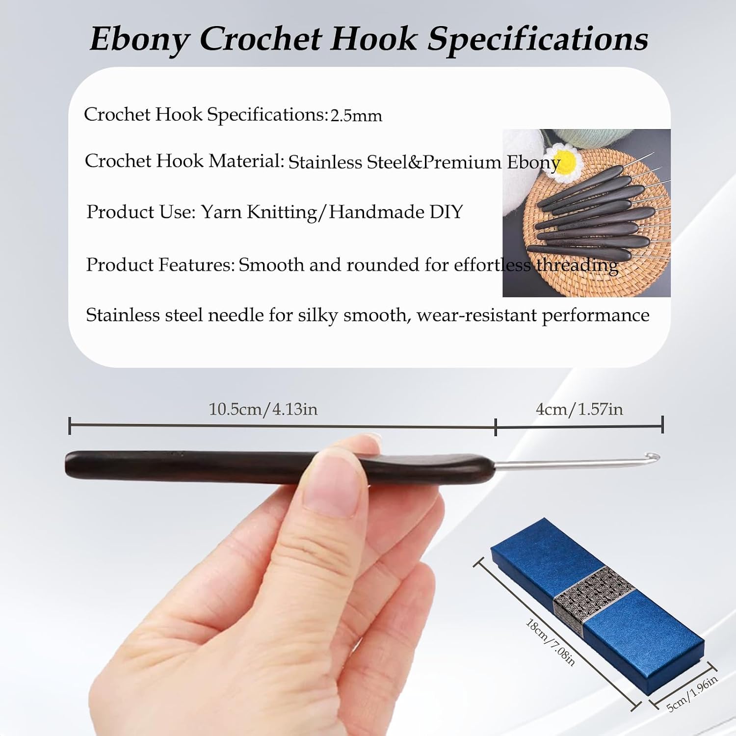 Yarniss 2.5mm Ergonomic Crochet Hook with Ebony Handle, Hand-Polished Stainless Steel Head for Crocheting